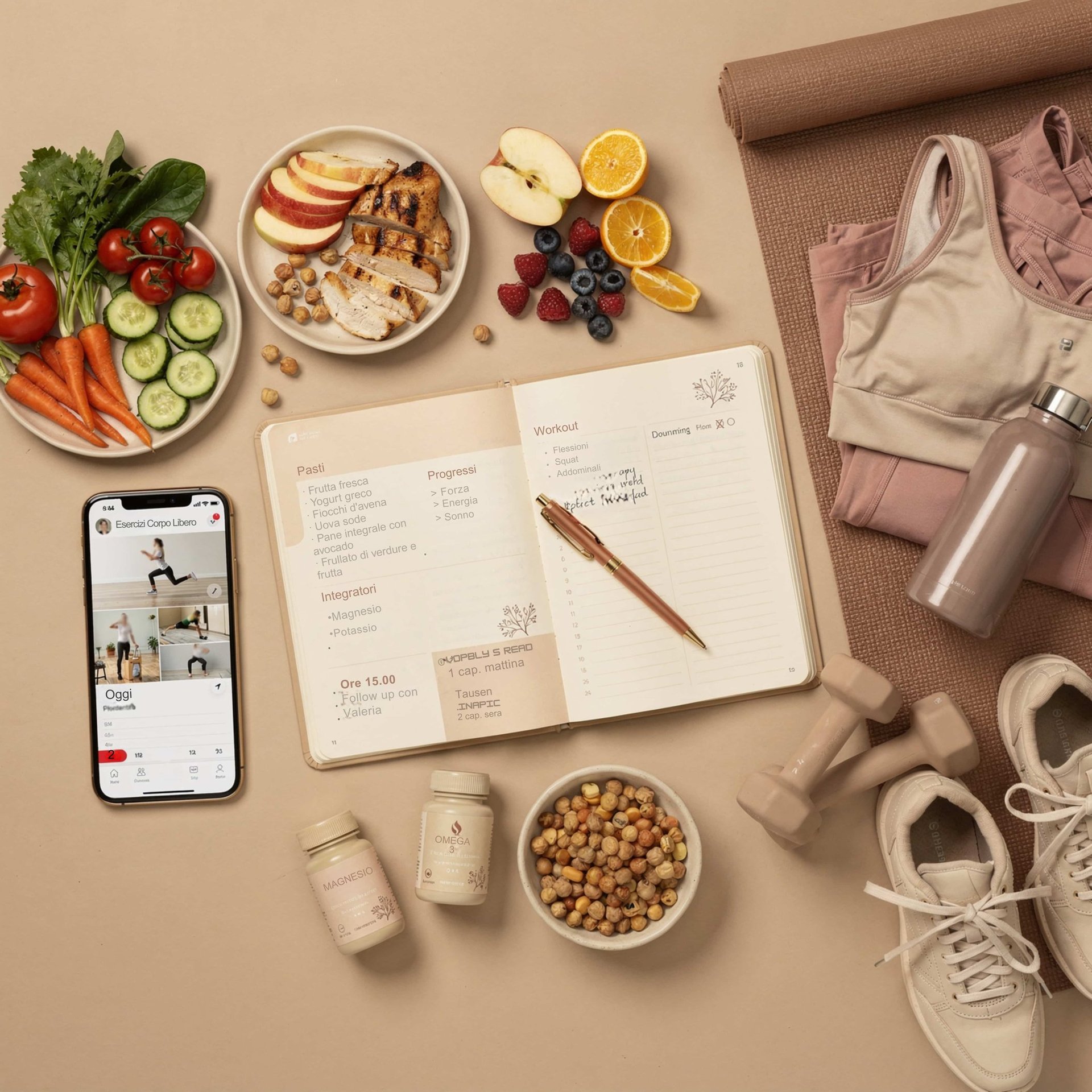 Flat lay con taccuino e smartphone su un tavolo