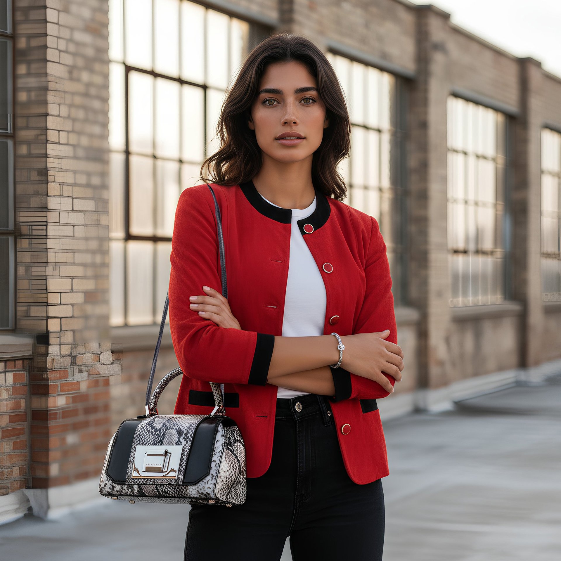 Woman in a red jacket and black jeans posing with a snakeskin luxury handbag outdoors.
