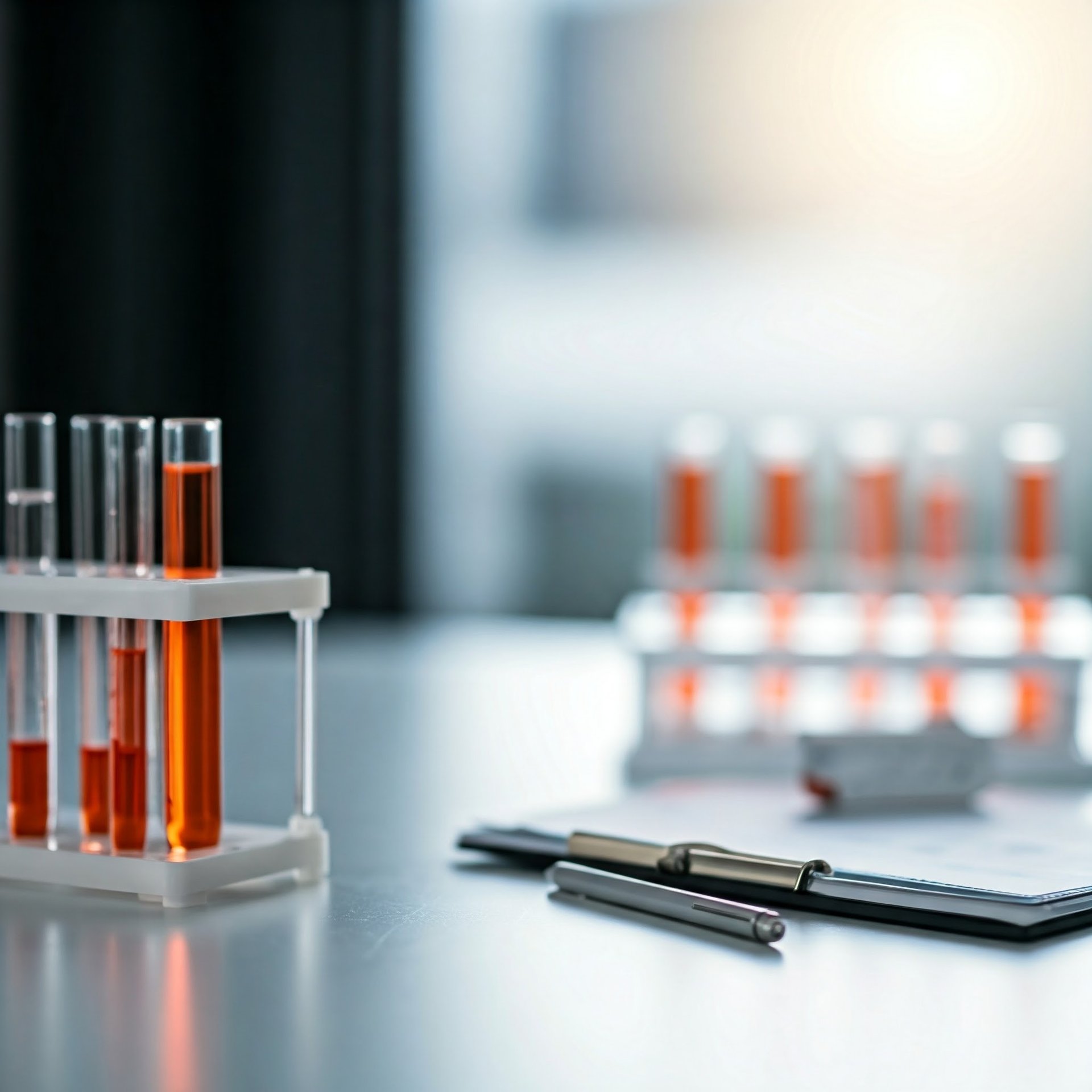 Tubos de ensaio uma caneta e uma agenda para anotar exames laboratoriais