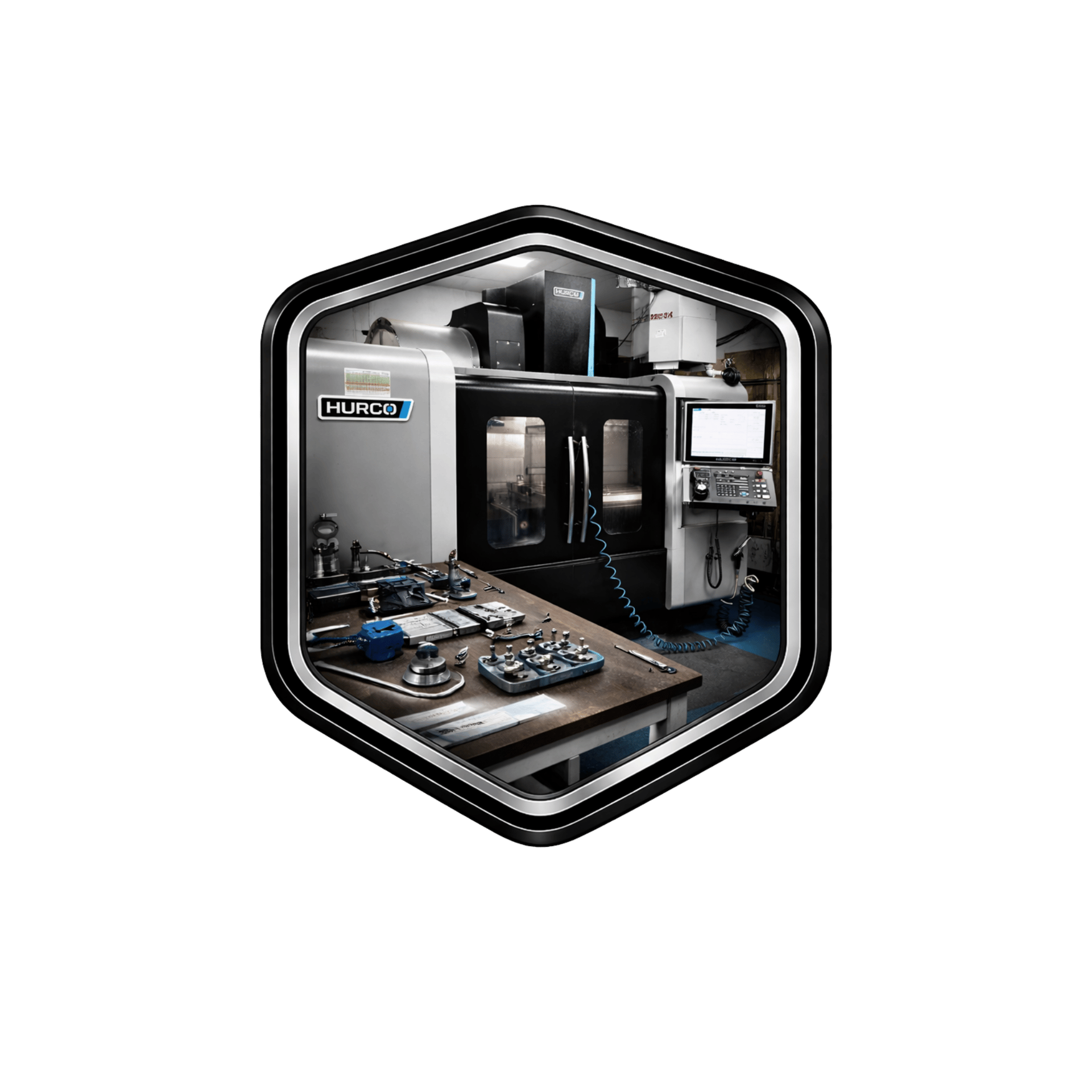 Precision Hurco CNC machine center with automated tooling and control display in a modern machine shop.