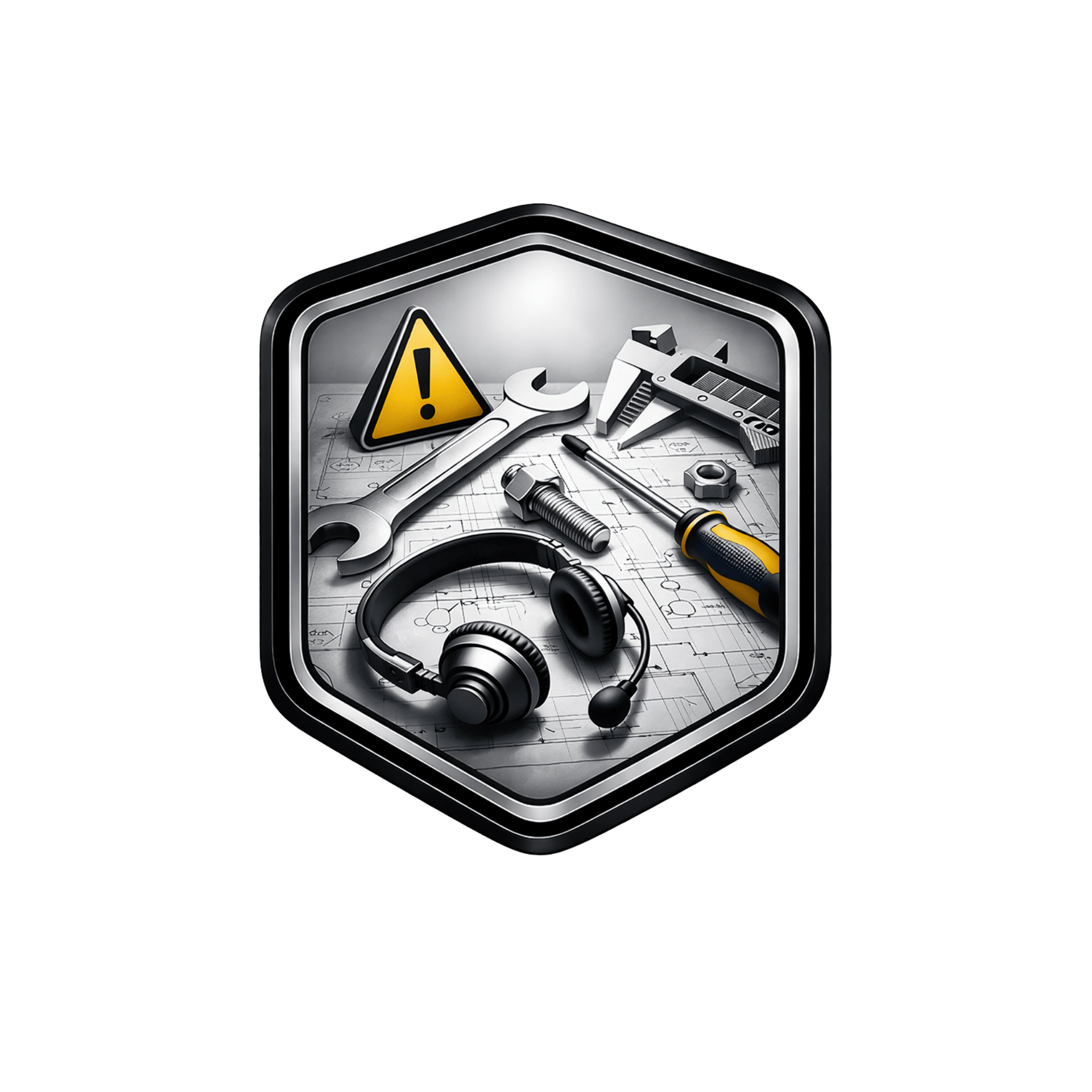 Hexagonal industrial icon featuring a wrench, screwdriver, and technical repair tools.