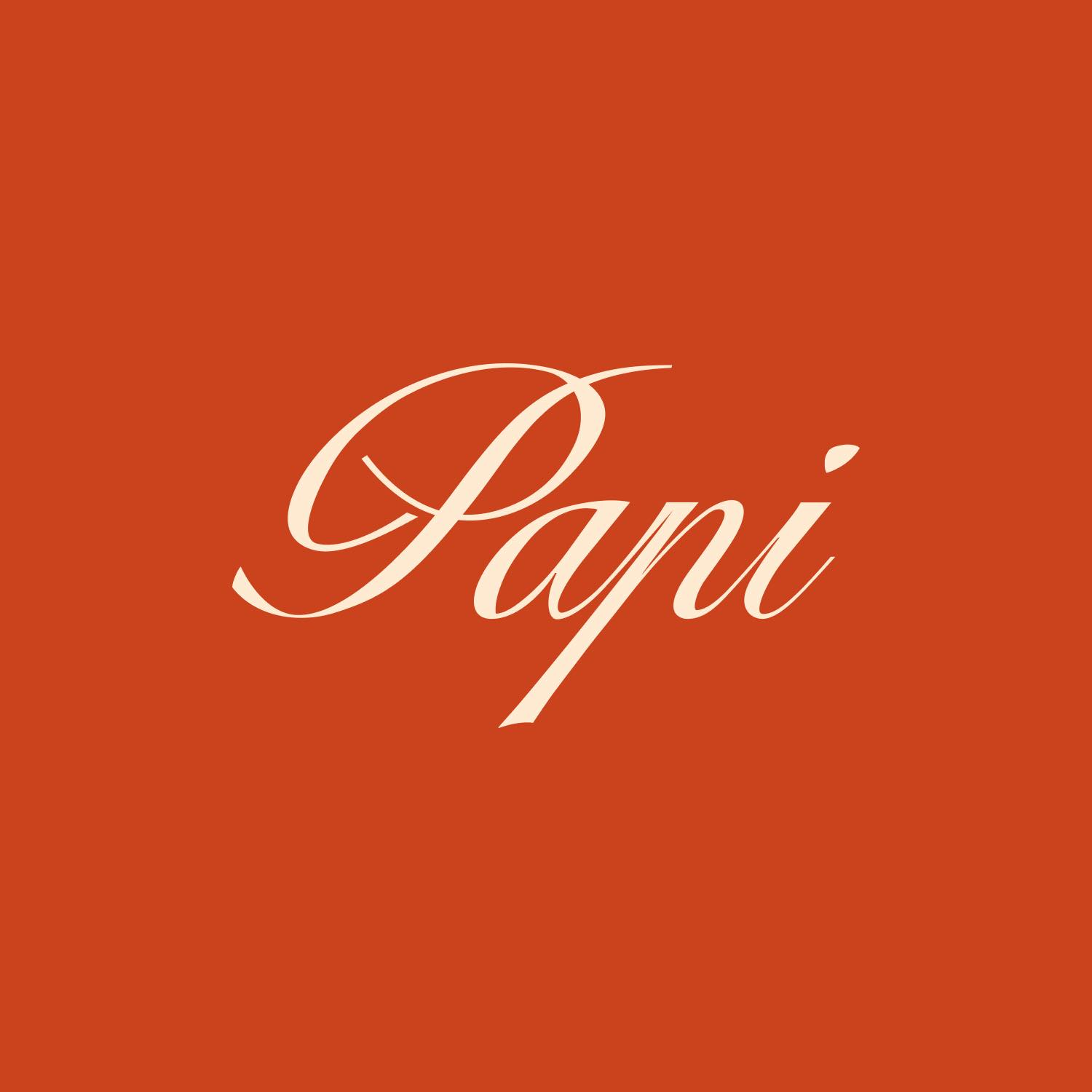 Papi Logo in Elegant white cursive Papi typography logo centered on a burnt orange background.