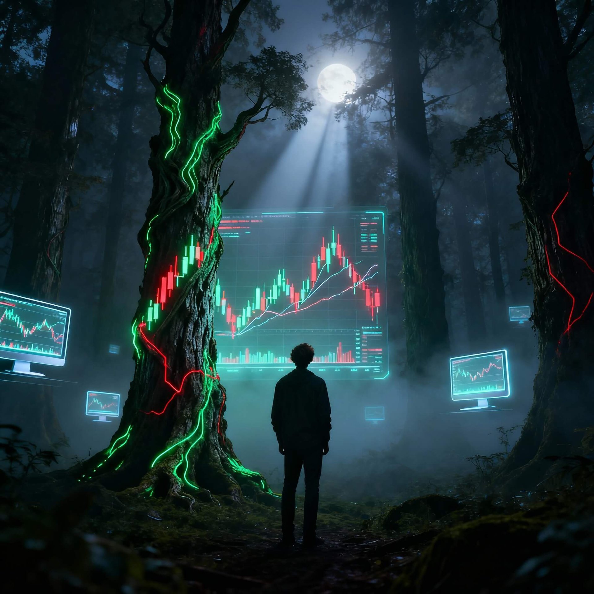 imagem de um investidor inciante na floresta aterrorizante do medo de começar a investir