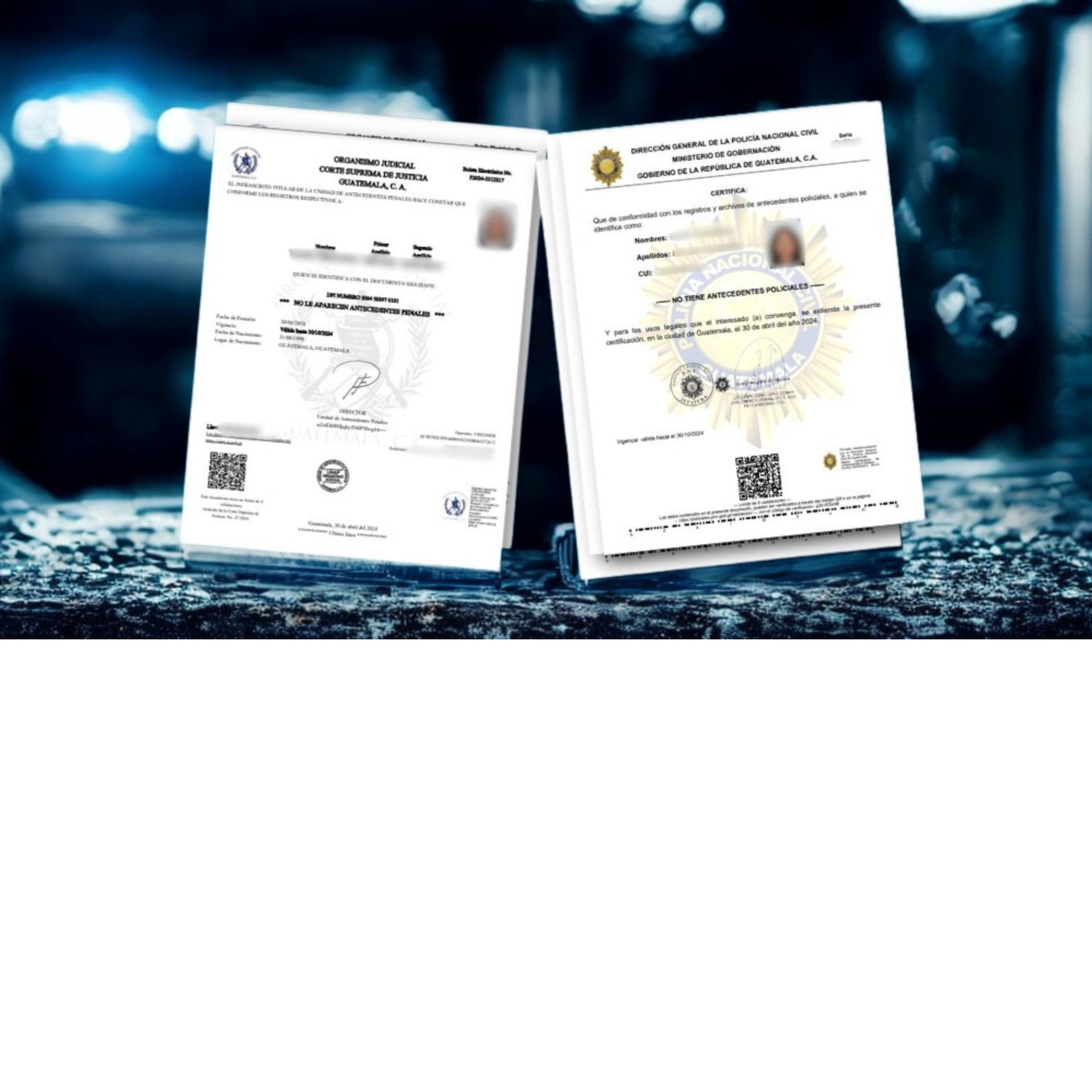 Official Guatemala criminal record and police background check documents displayed against a blurred blue background.
