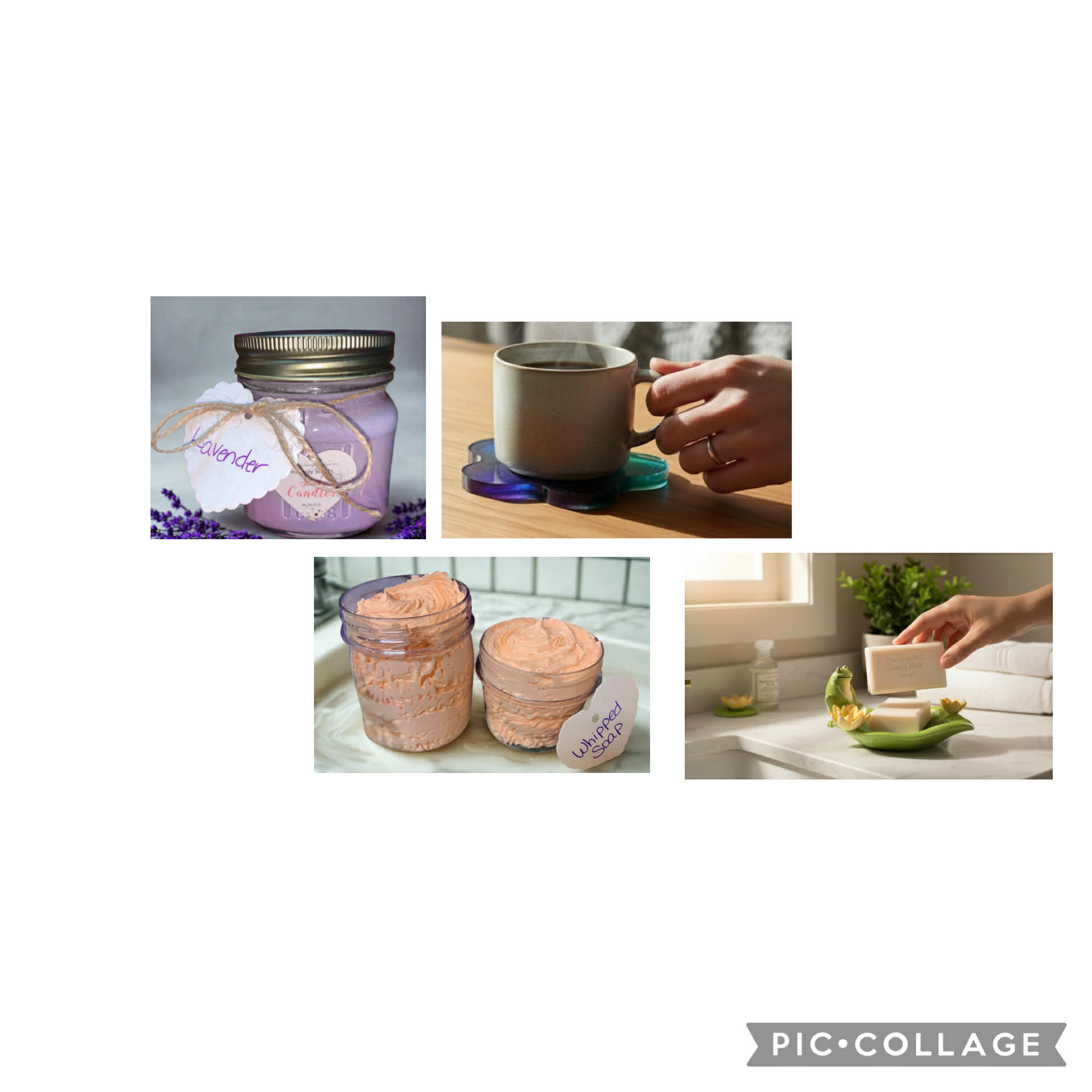 A collection of handmade spa products including a lavender candle, whipped soap jars, and artisan bar soap.