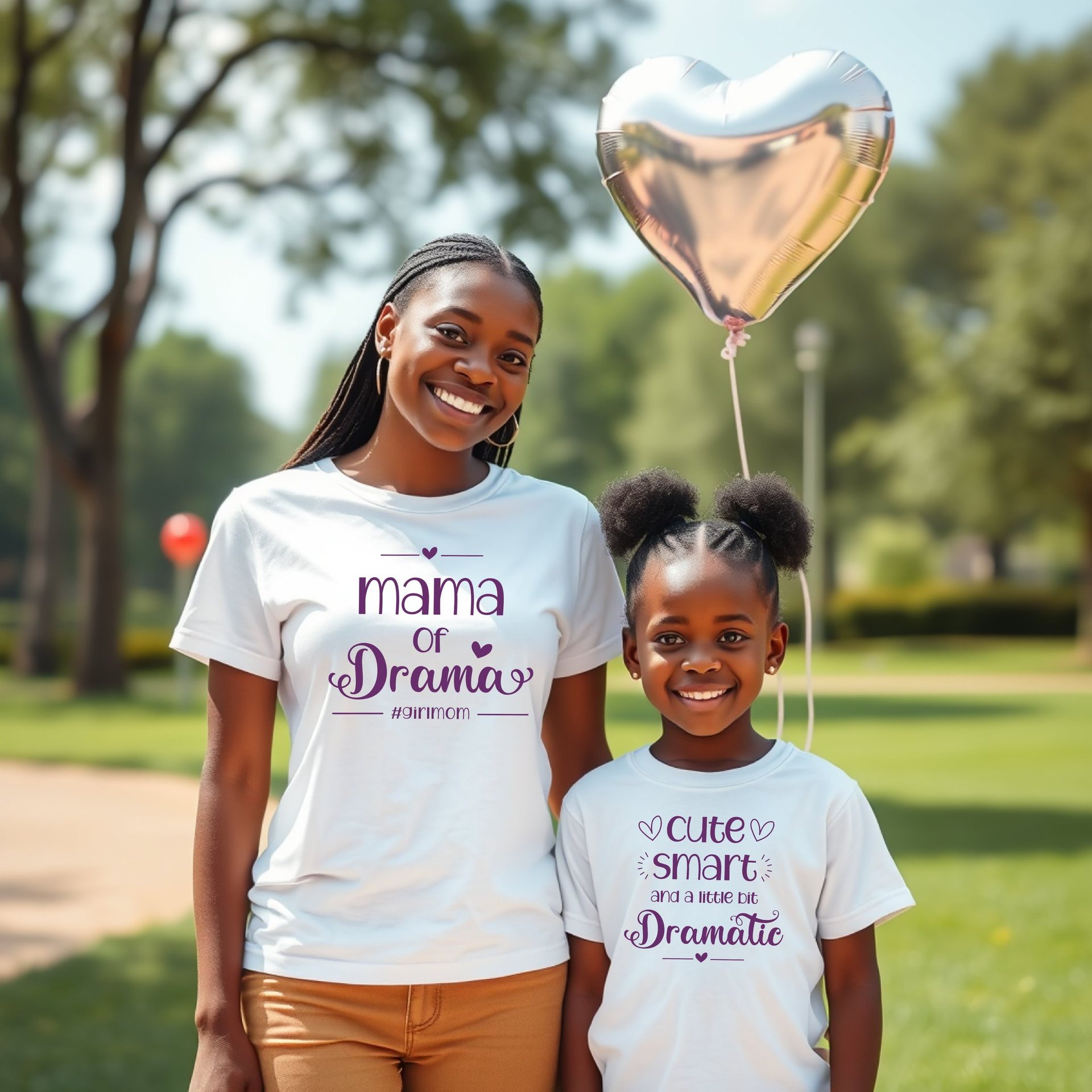 Mom & child in matching shirts. Moms says "Mama of Drama." Childs says "Cute smart & dramatic."