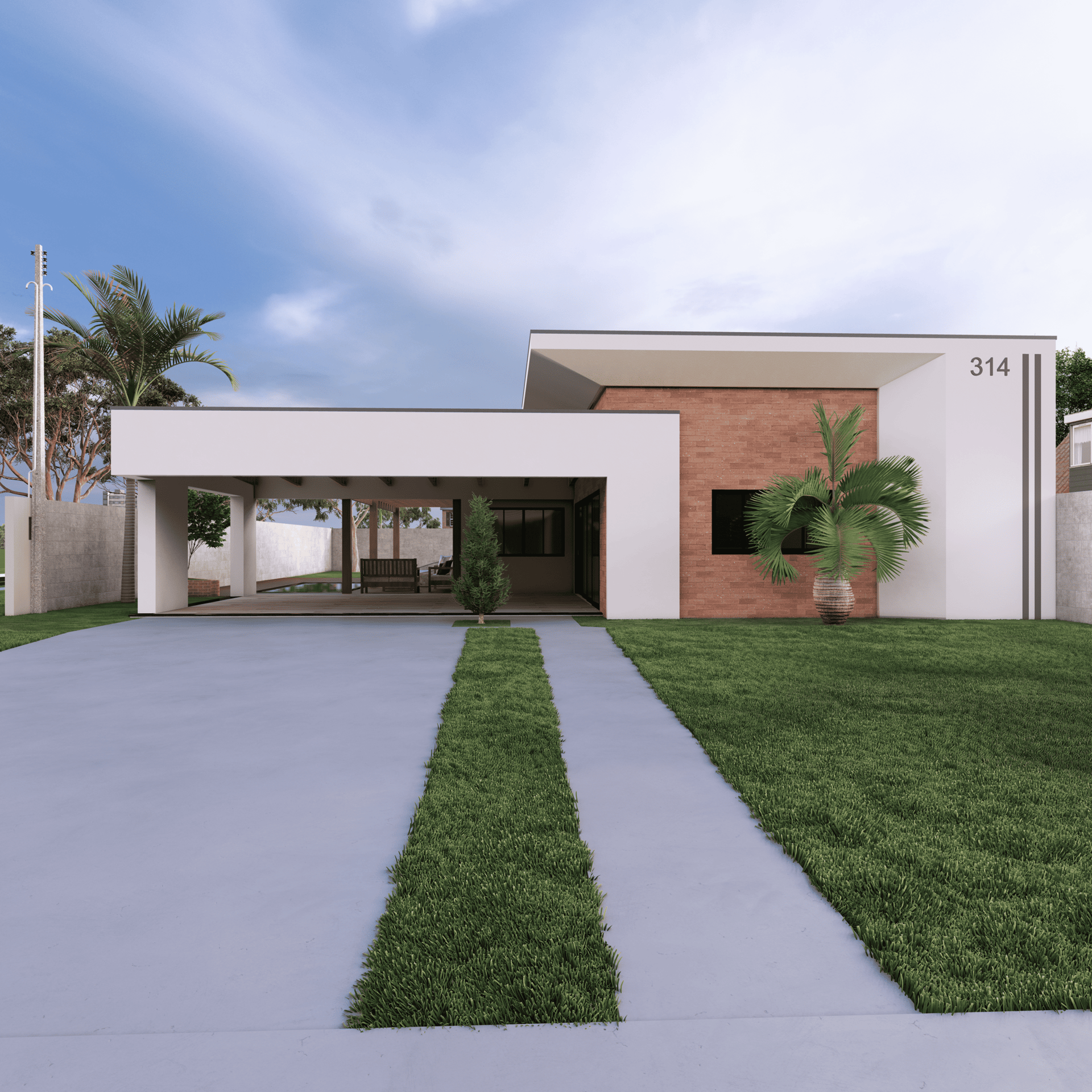 Fachada residencial moderna reformada em Pimenta Bueno com garagem coberta e volumes contemporâneos.