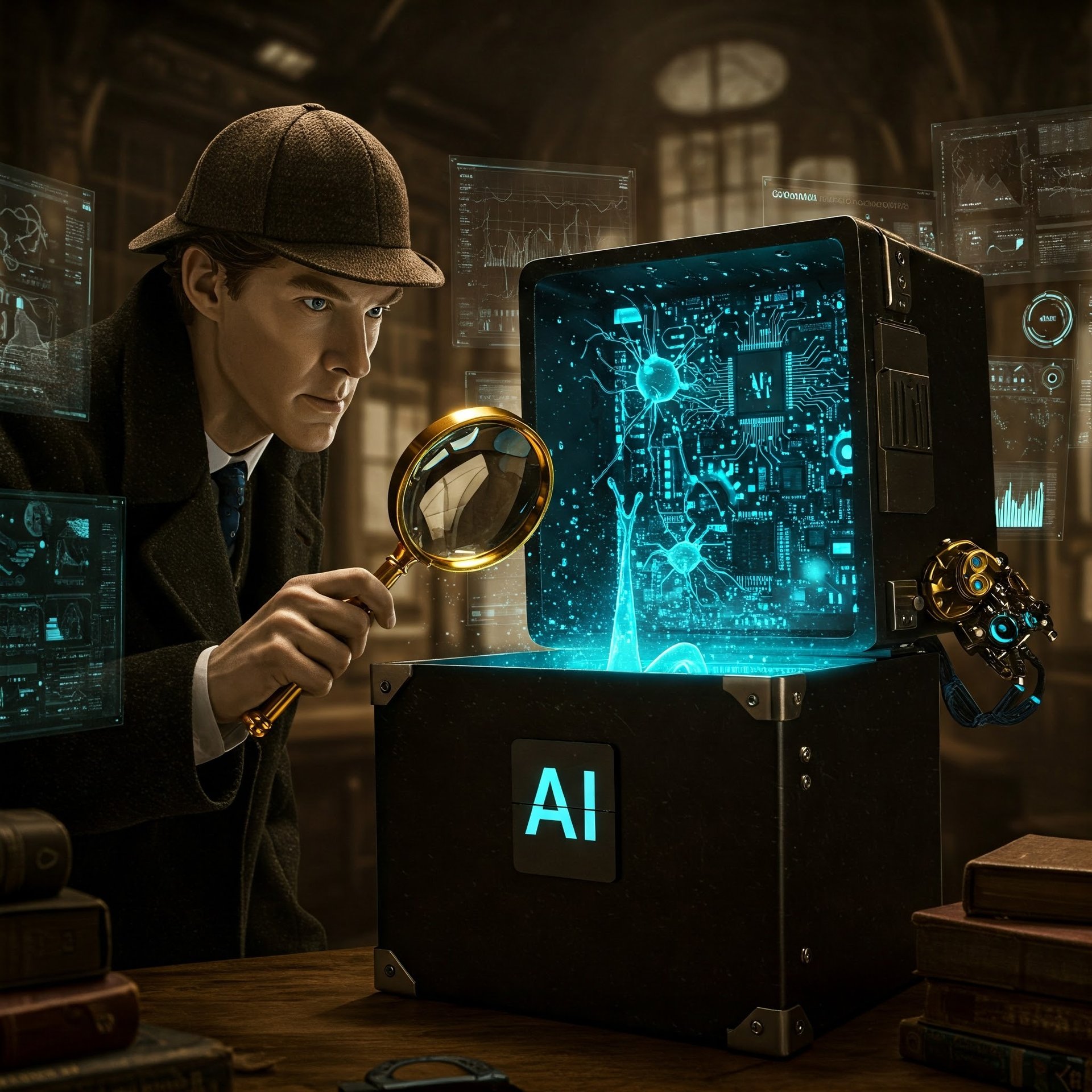 Sherlock Holmes examina con una lupa el interior de una caja negra etiquetada como "IA"