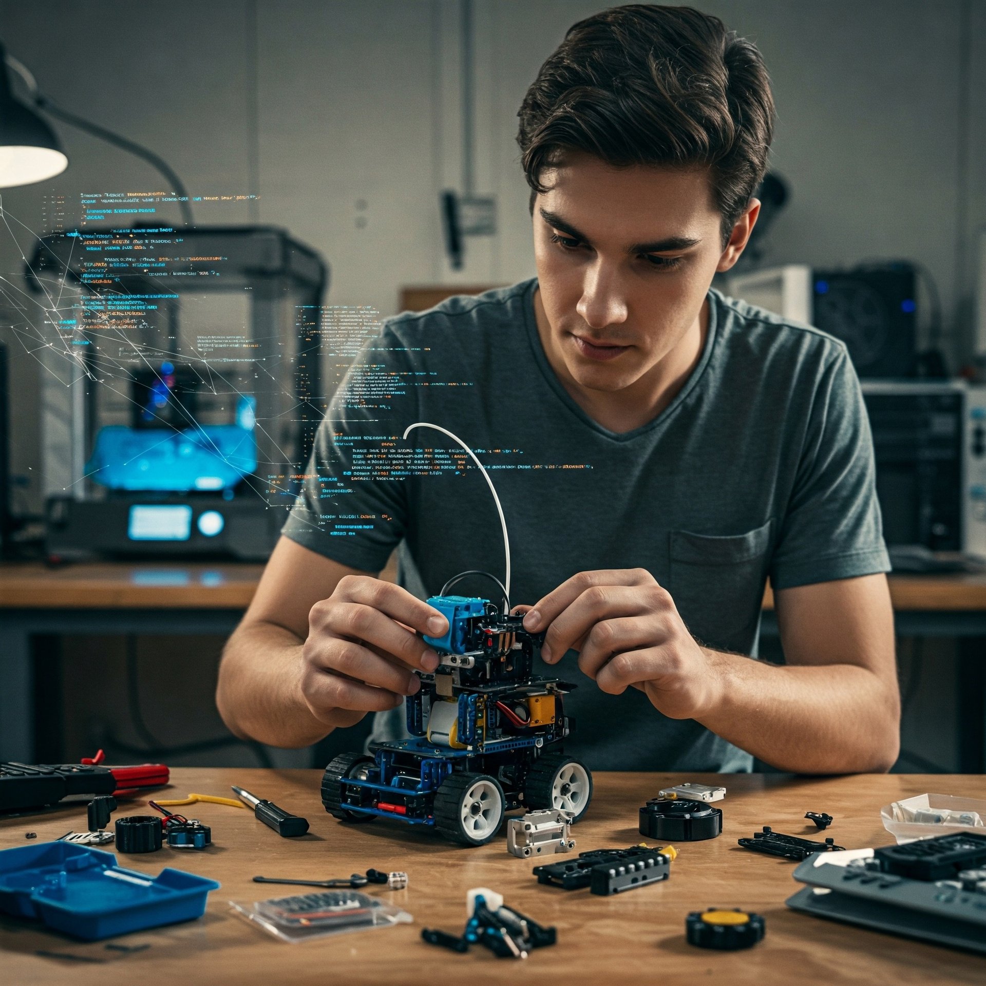 Maker trabaja en un pequeño robot; una impresora 3D al fondo, y sobreimpresionadas líneas de código fuente.