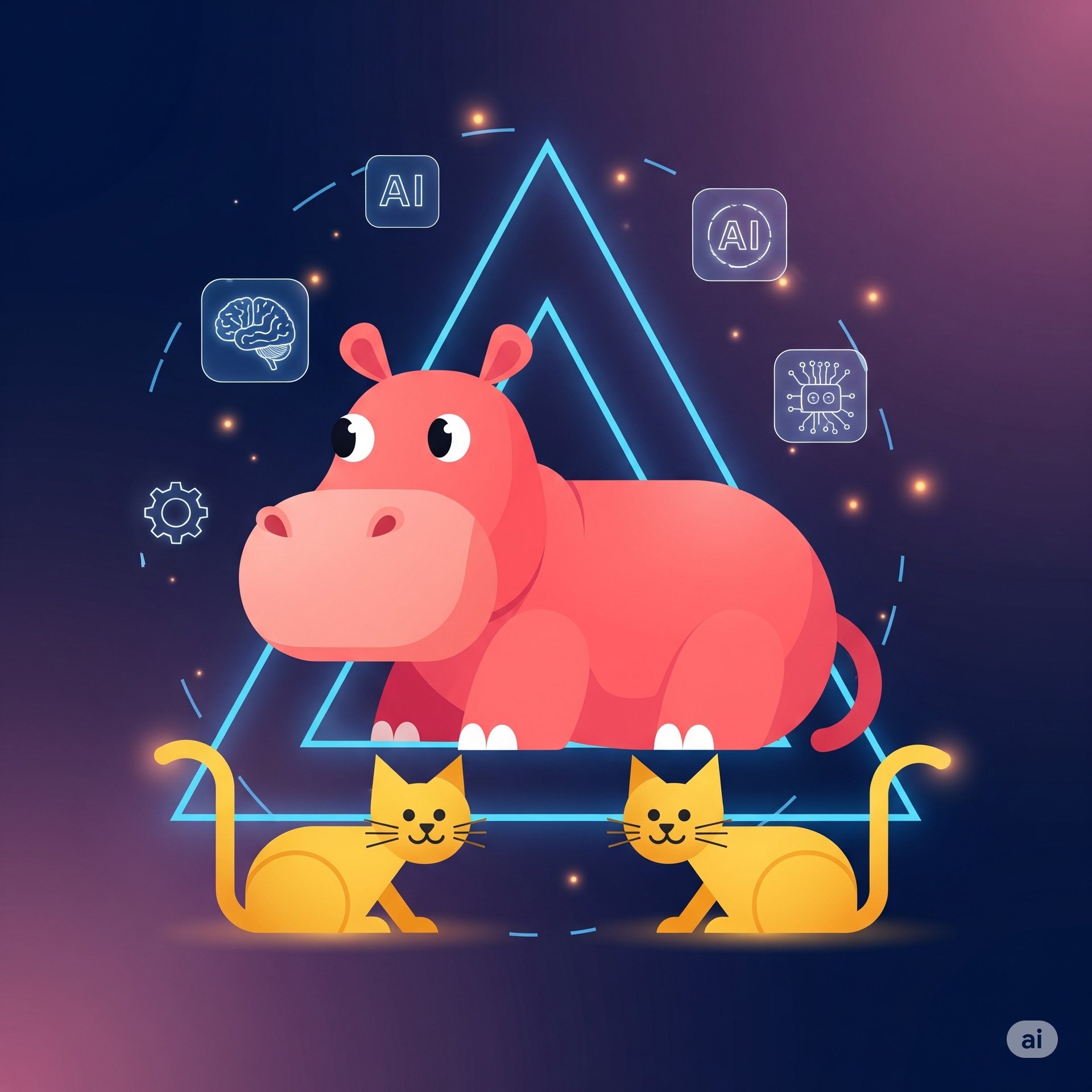 Hipopótamo rosa sobre triángulo con gatos amarillos, ilustrando conceptos de IA generativa y prompts.
