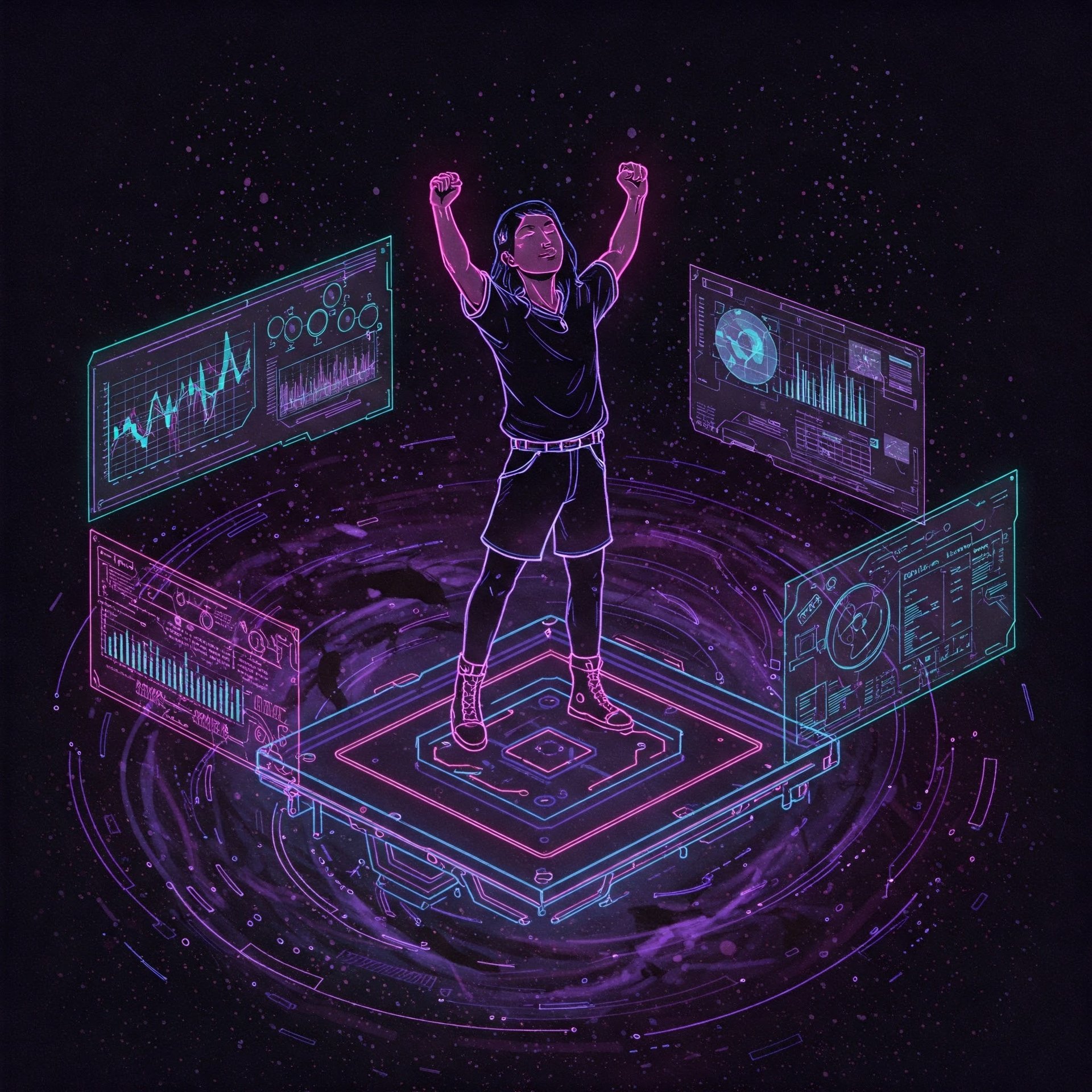 Imagen futurista de alguien con los brazos en alto celebrando un gran acierto.