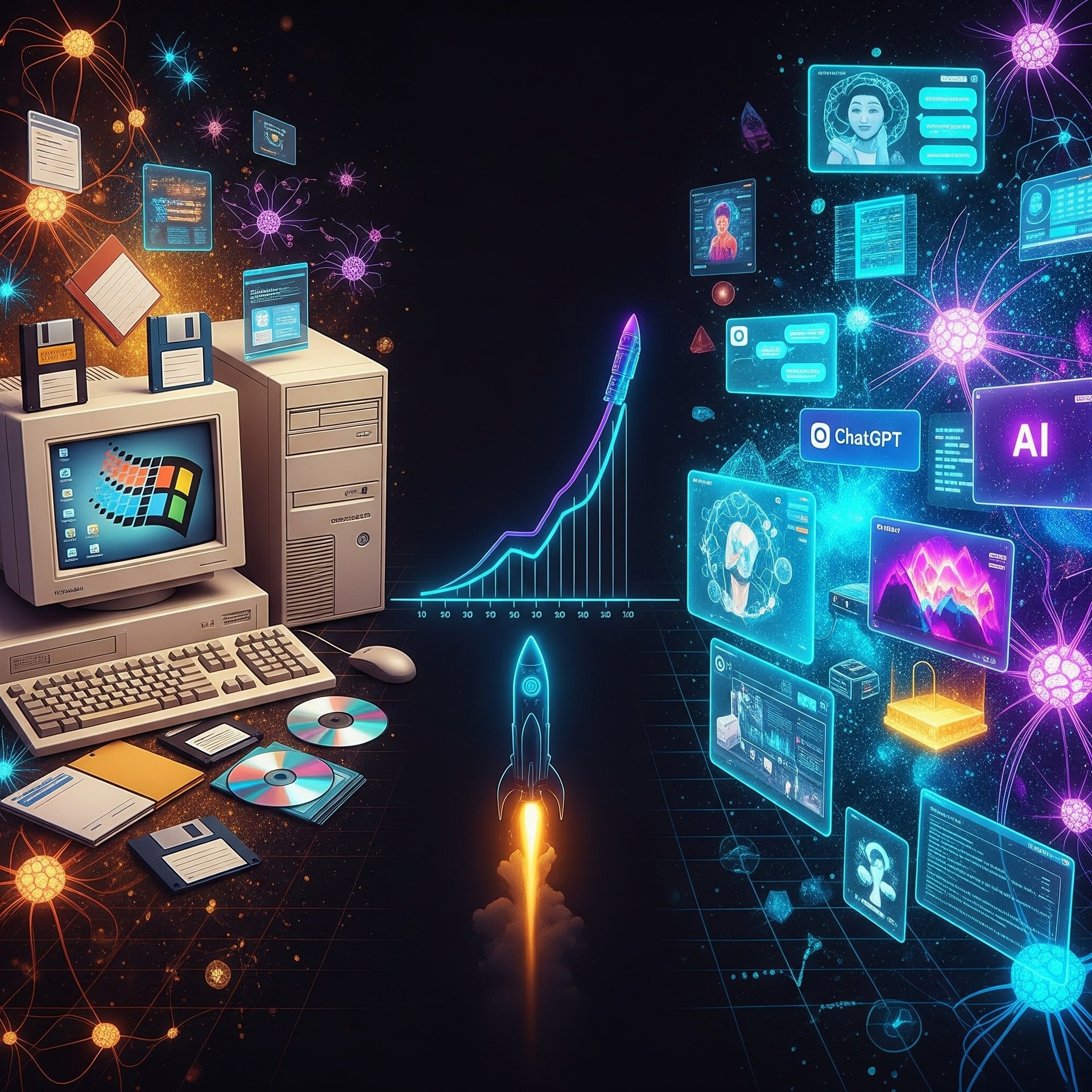 Contraste entre ordenador vintage de los 90 e IA moderna con efectos futuristas