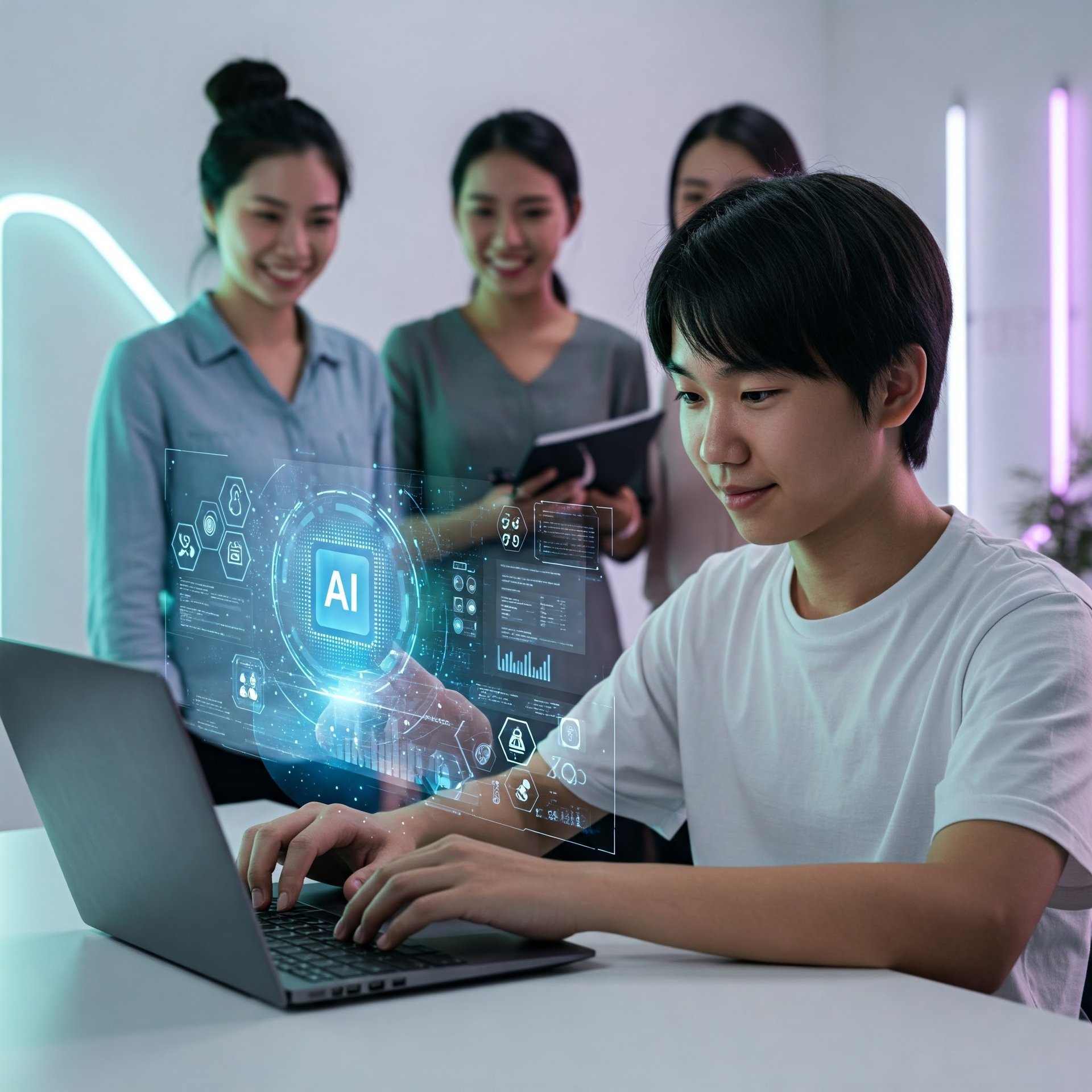 Un estudiante trabaja en su portátil con IA ante la atenta mirada de sus docentes.