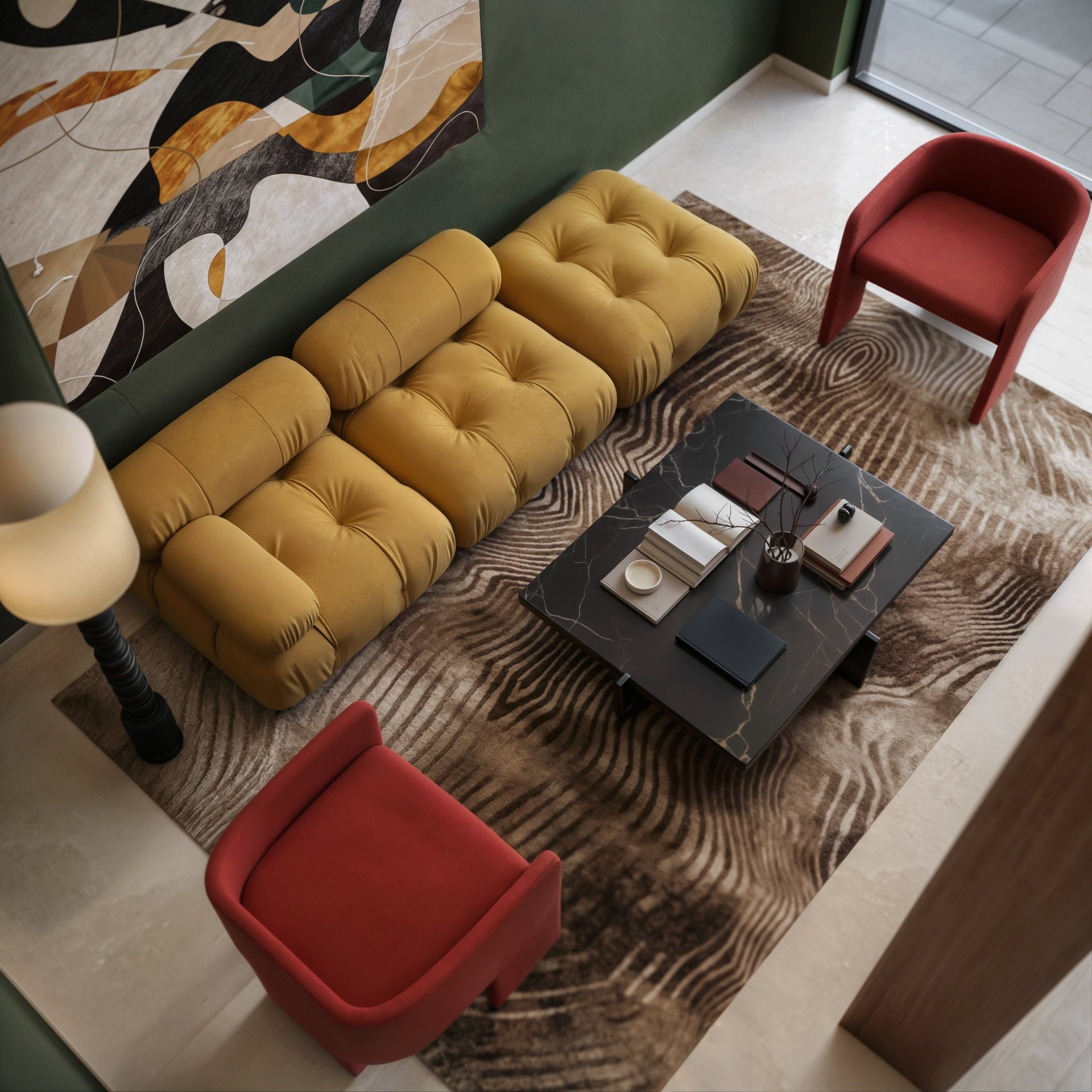 Top view of a modern living room with a mustard sofa, red chair, patterned rug, and black coffee tab