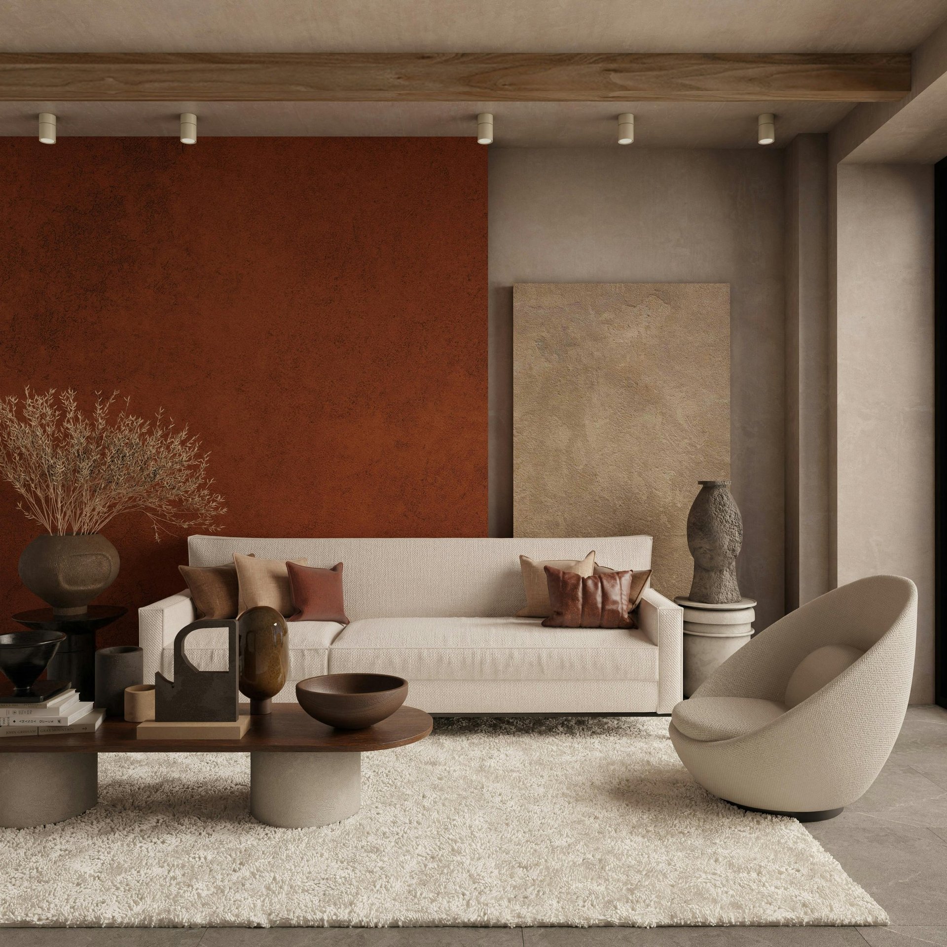 Contemporary living room with rust accent wall and sculptural lounge chairs