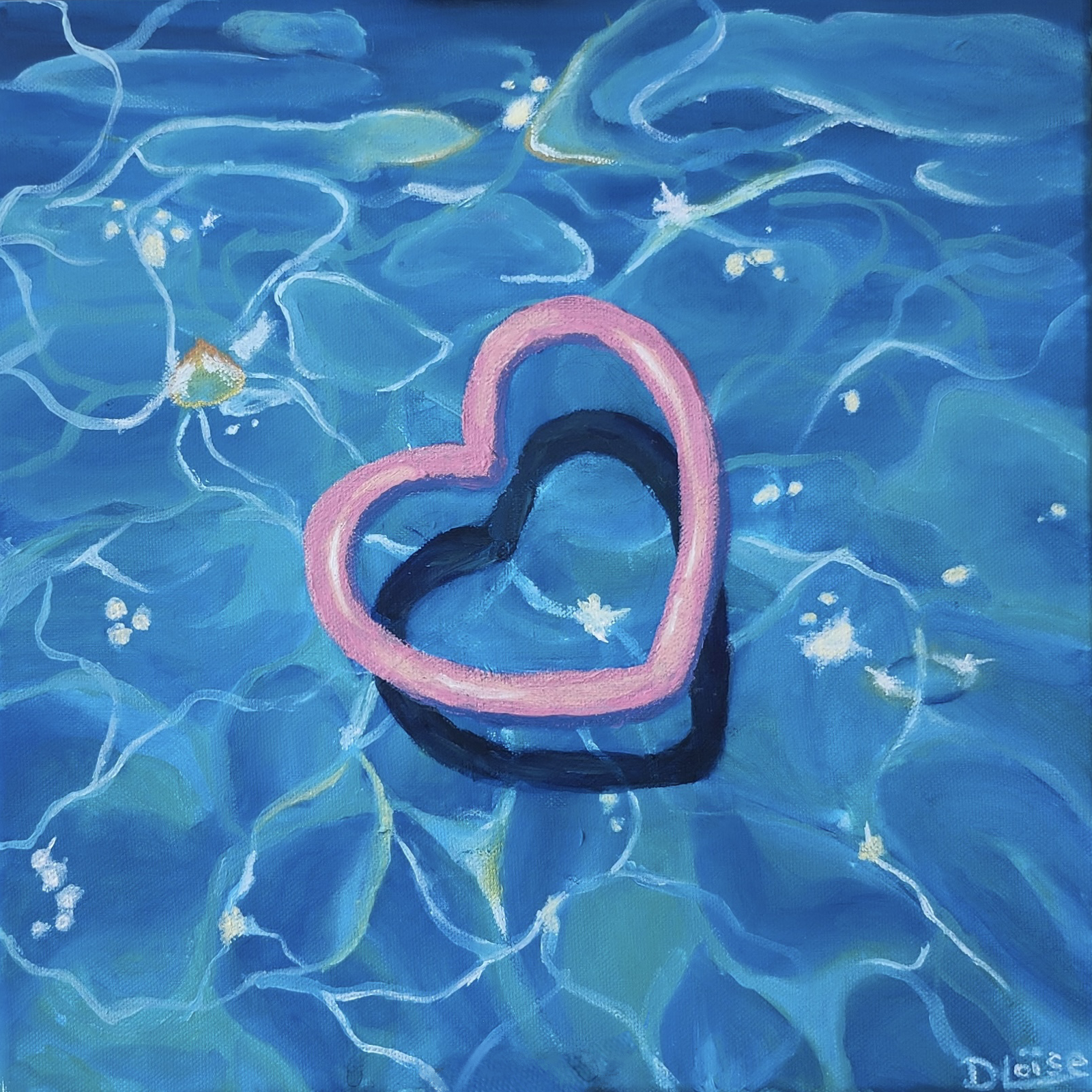 peinture acrylique tableau qui représente une bouée en forme de cœur dans une piscine 