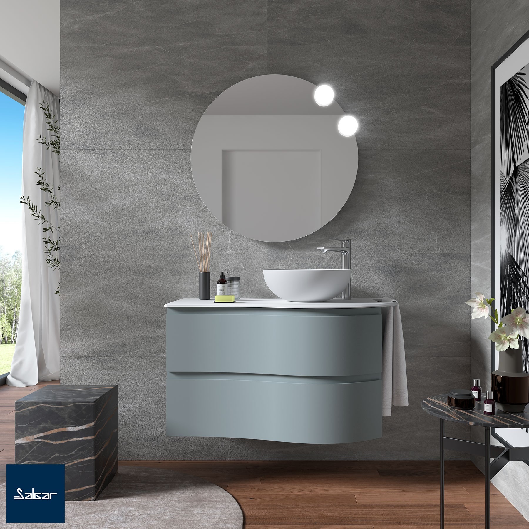 blue curved bathroom unit