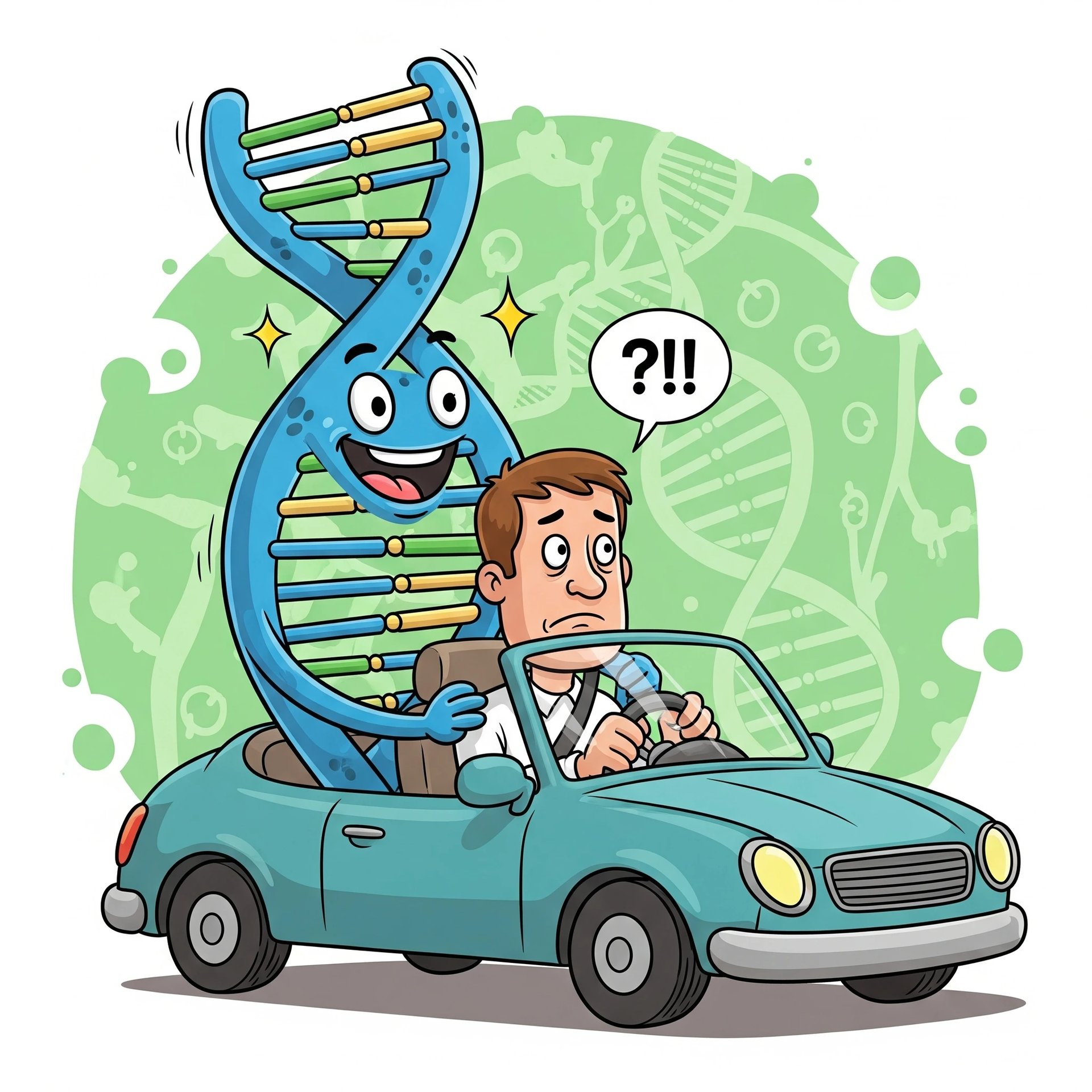Illustration of a DNA double helix driving a car with human passengers, symbolizing genes as the 'Uber driver' of human life
