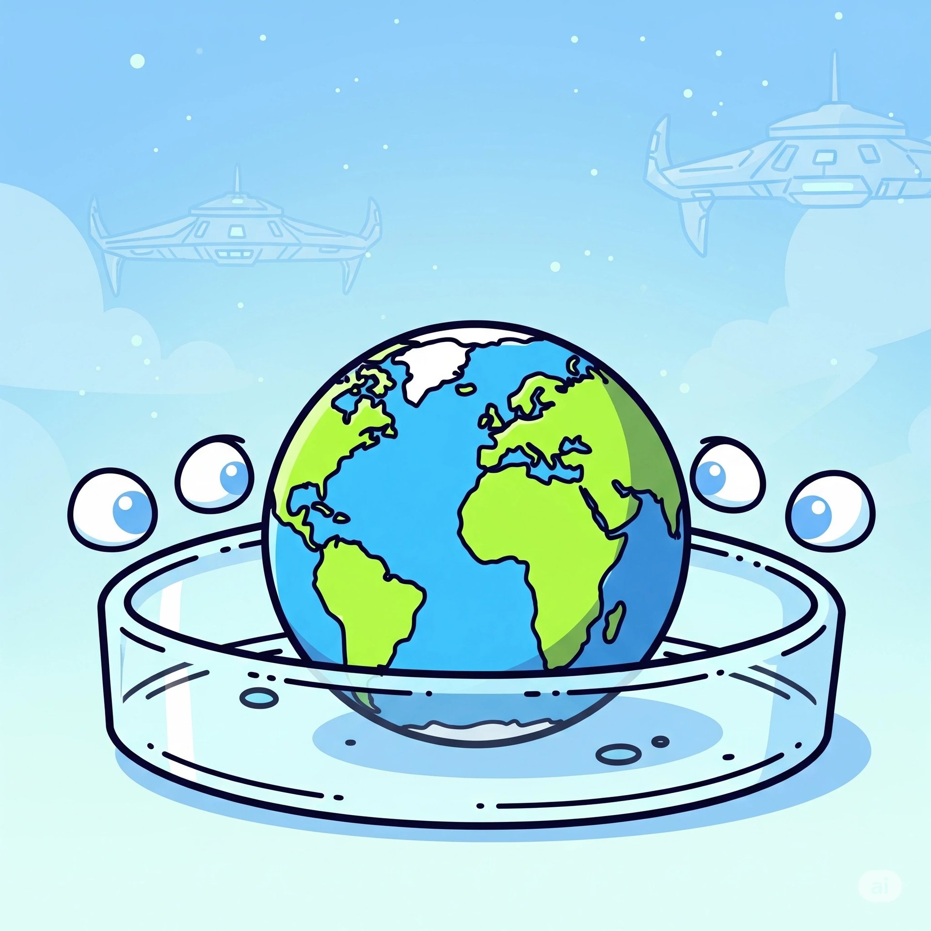 Stylized image of Earth in a petri dish, observed by subtle alien eyes, representing the Earth as an alien experiment