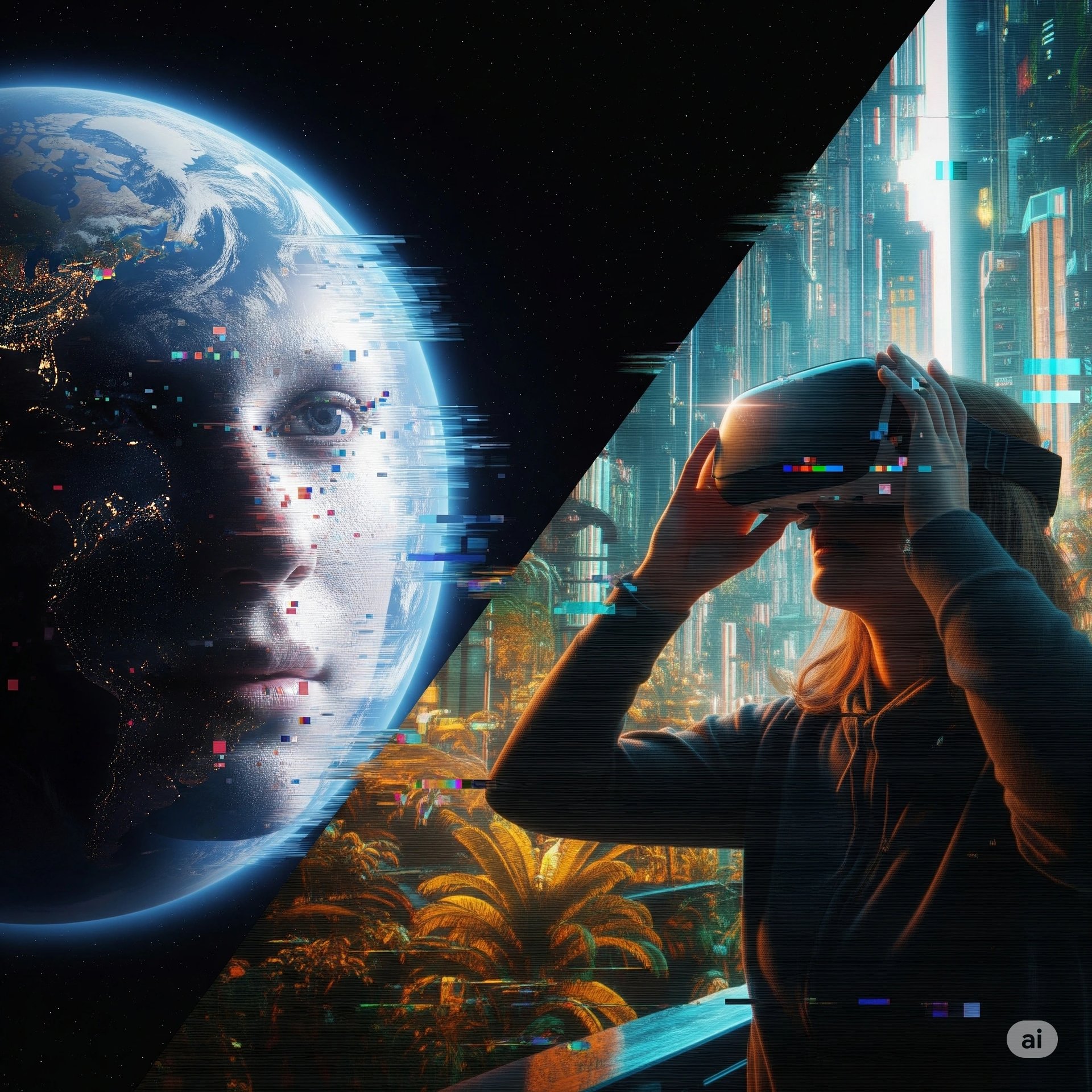 Subtly glitched image of Earth or a human face, suggesting a simulation or virtual reality training ground for consciousness