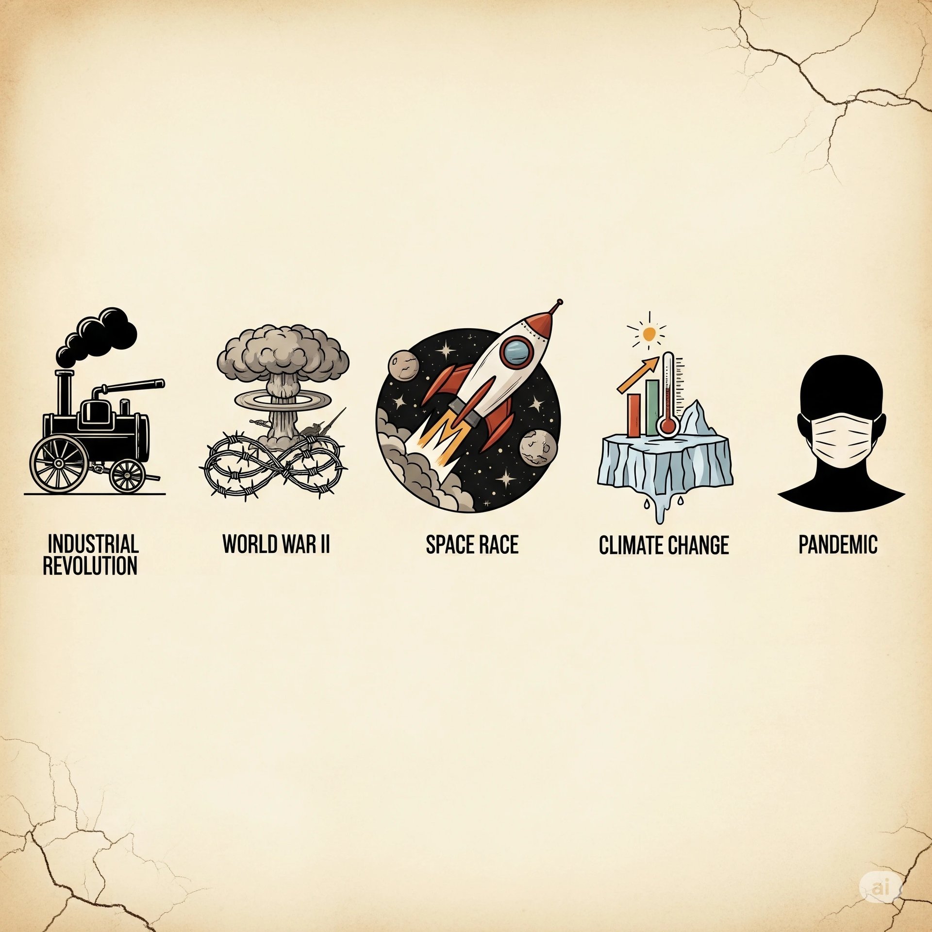 Visual timeline showing major human historical events depicted as stages of an alien civilization's controlled experiment