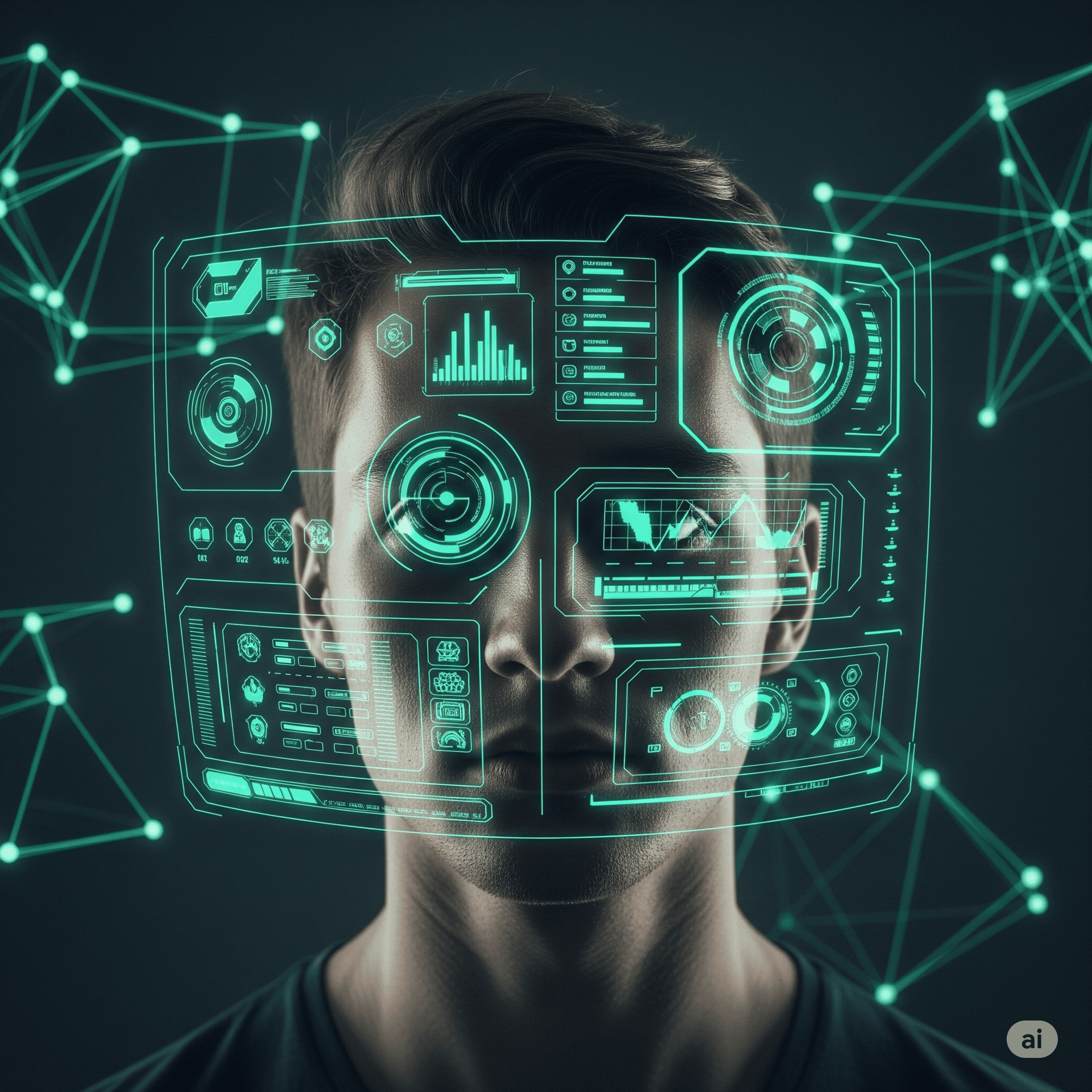 Futuristic brain interface: a human head with a dashboard UI overlay, illustrating a high-tech connection to the mind
