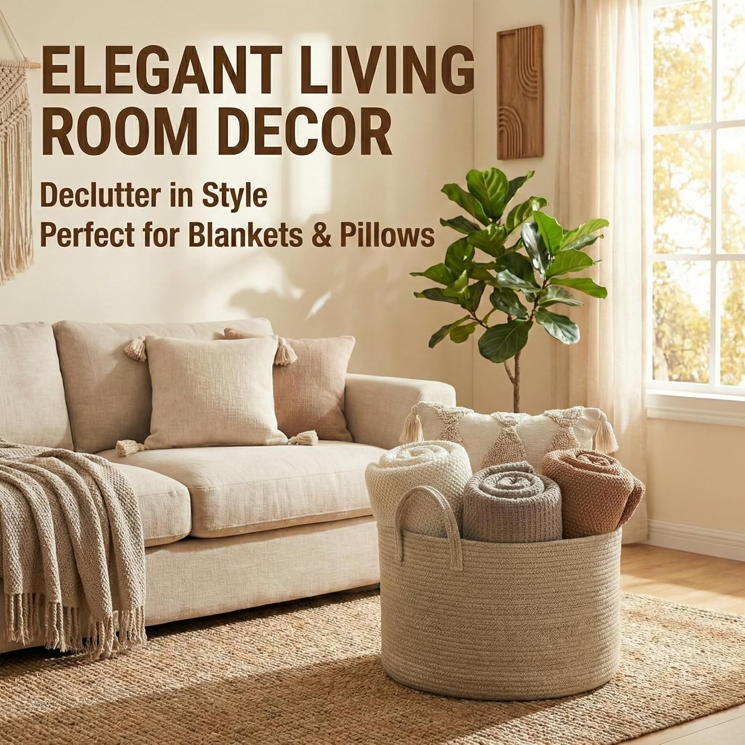 Elegant cotton rope basket holding blankets and pillows in a cozy, sunlit living room.