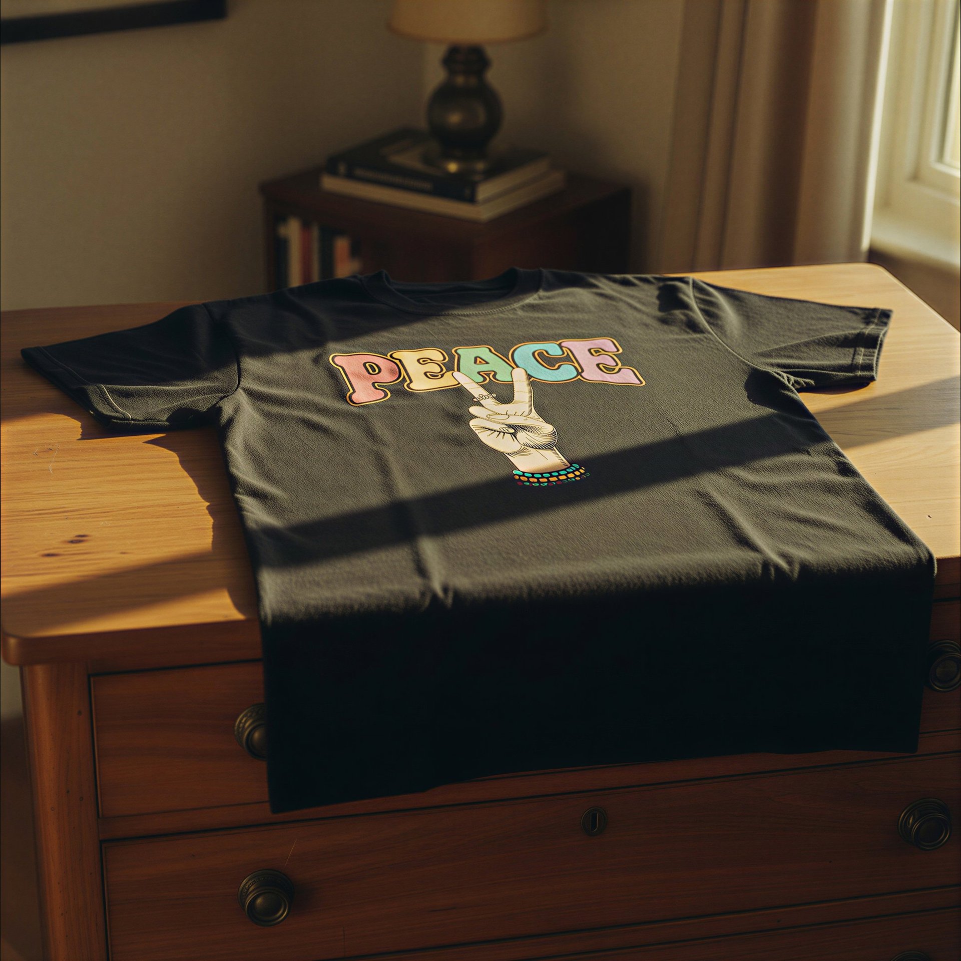 Dark t-shirt with a retro 1970s peace sign design.