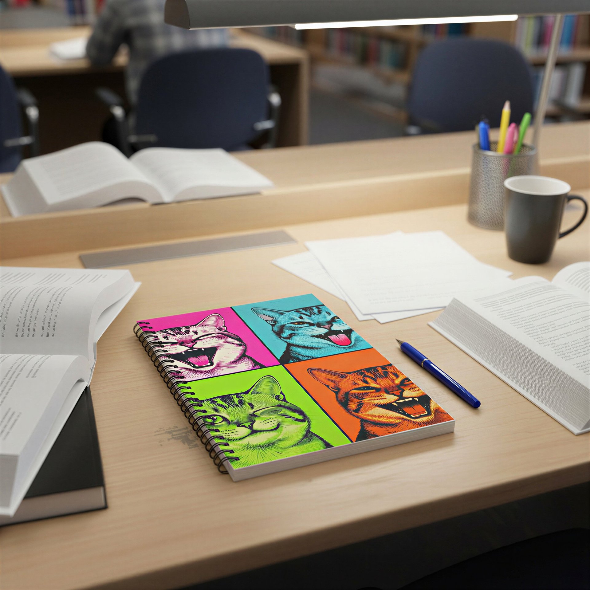 Spiral notebook with a colorful pop art cat cover design.