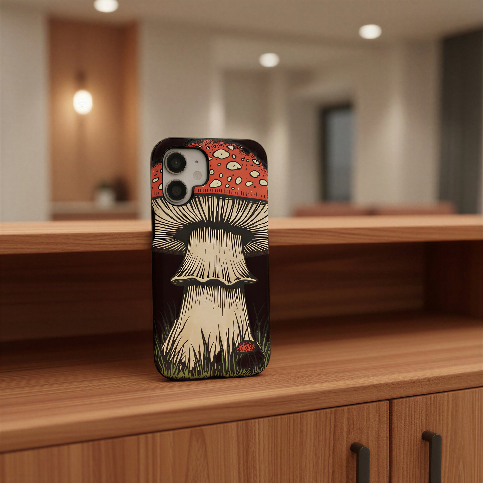 Phone case with vintage mushroom illustration.