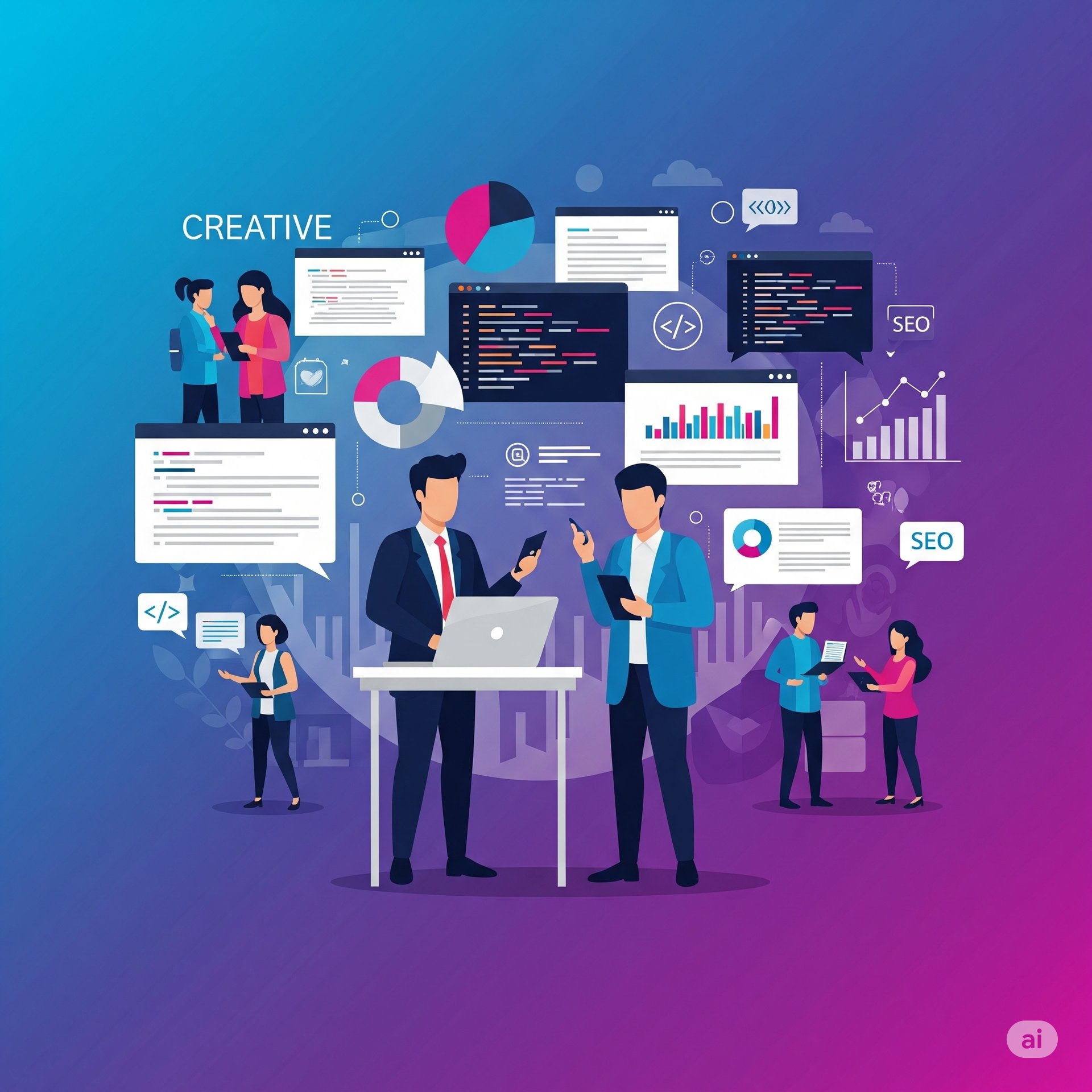 Ilustrasi vektor datar modern yang menampilkan tim bisnis berkolaborasi dalam pemasaran digital dan pengembangan web. Gambar