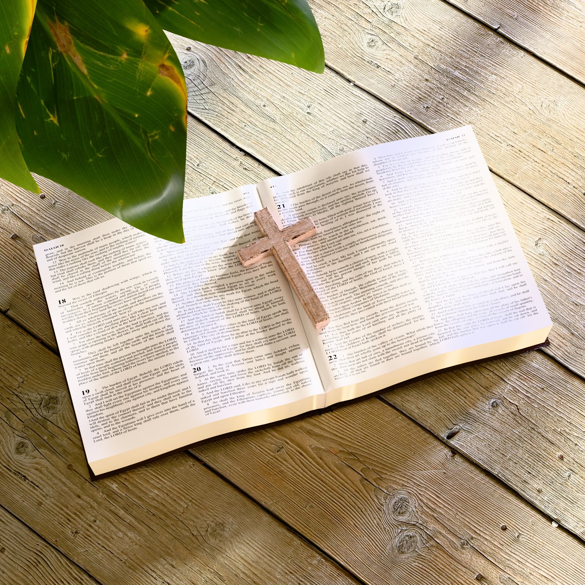 3D render of an open Bible with a wooden cross bookholder.