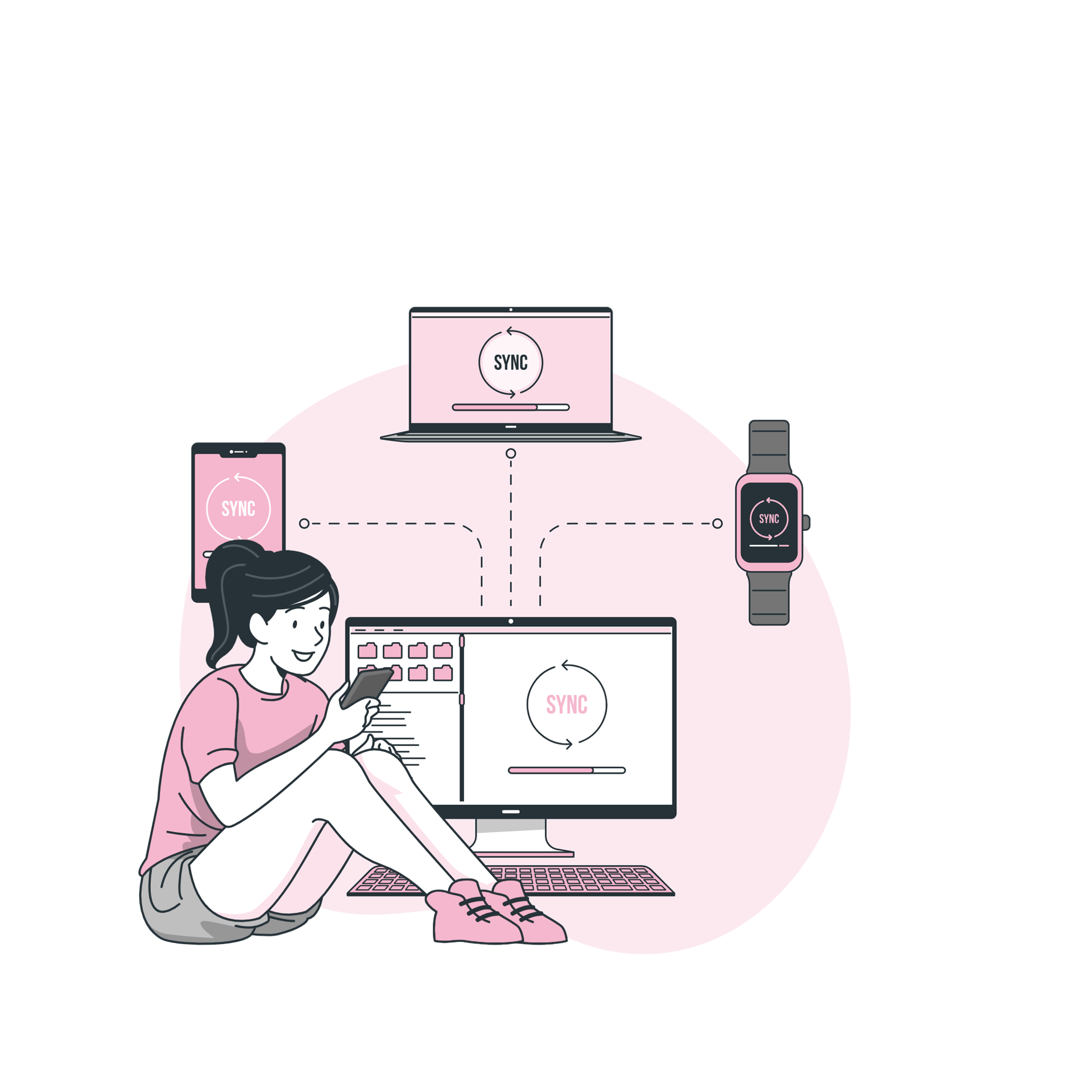 a girl learning how to use her wireless phone, watch, laptop, computer and how to link them together