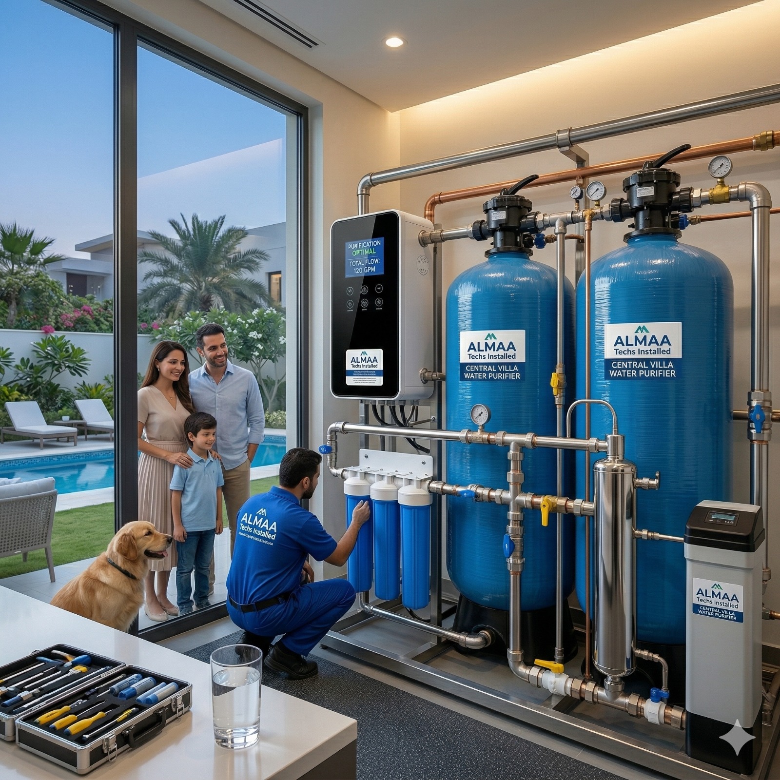 Professional technician installing a central villa water purifier system for a family home.