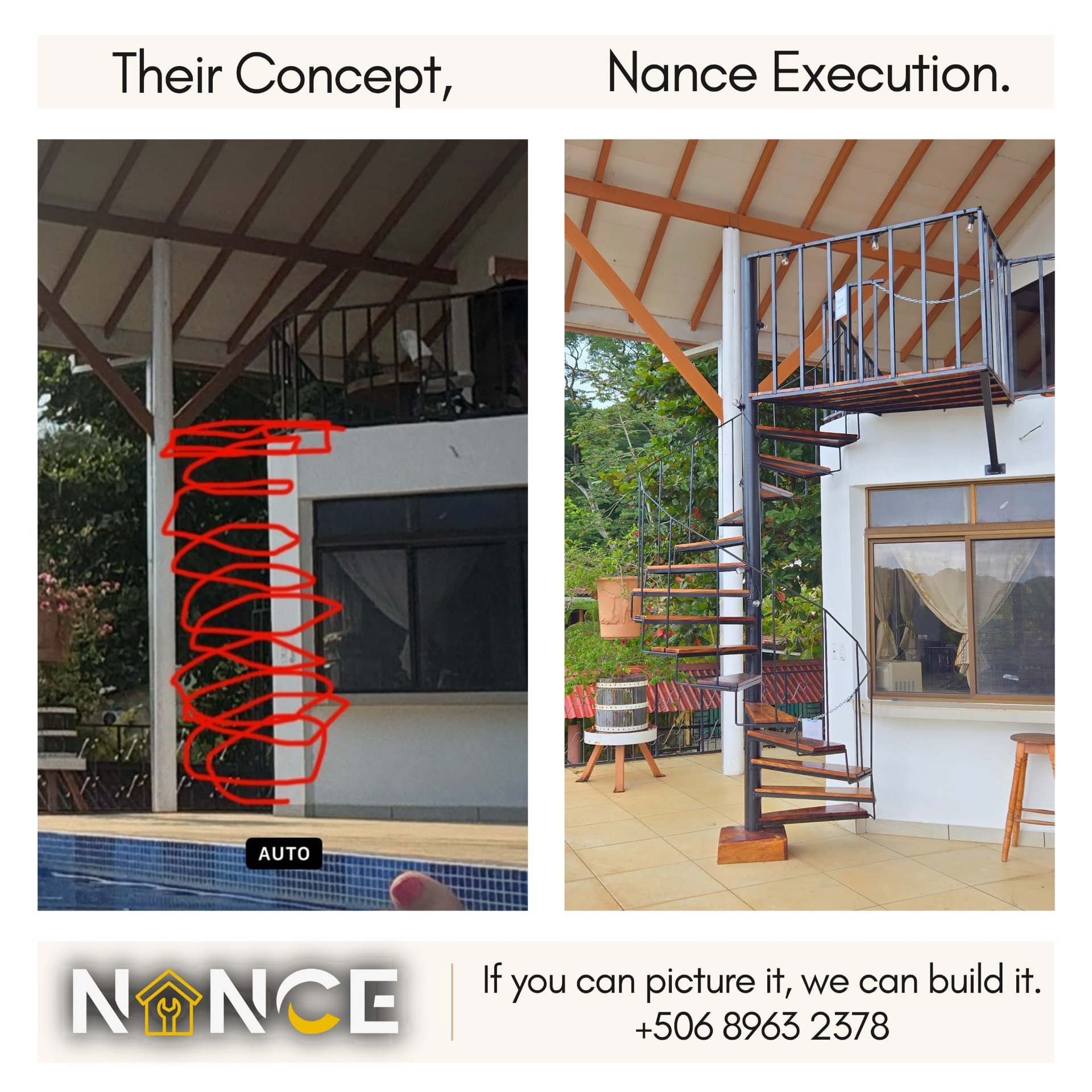 before and after image of drawn spiral staircase and the final product of wood and steel