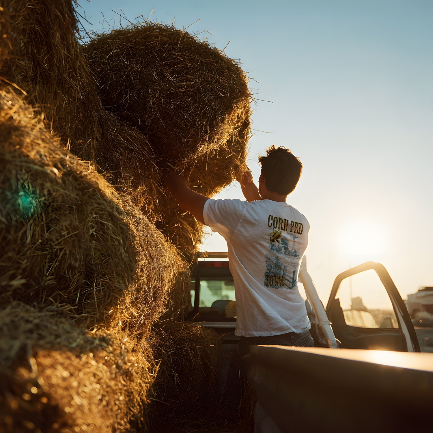 A farmer loading round hay bales onto a truck bed at sunset on a rural farm.