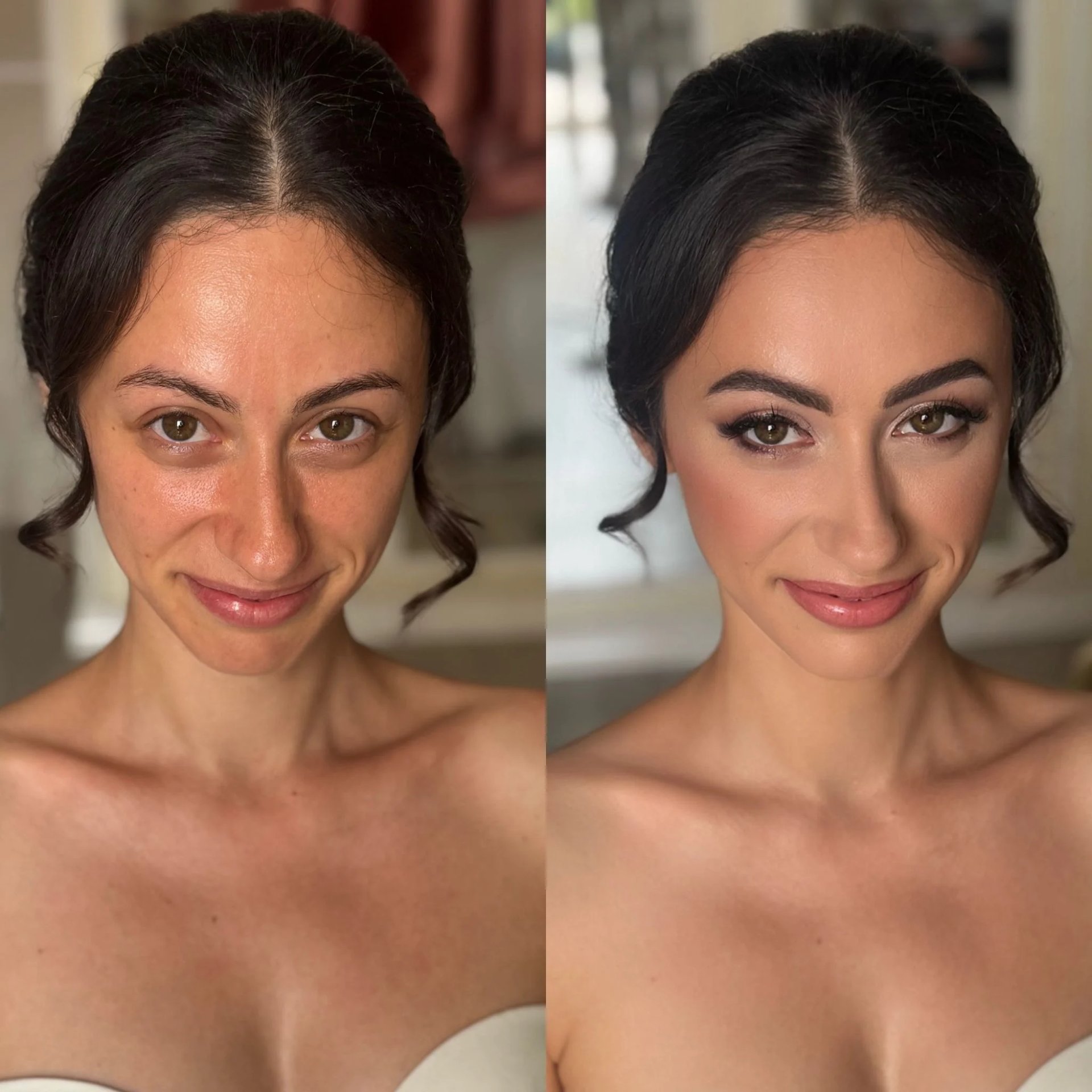 Prima e dopo trucco sposa naturale realizzato per valorizzare i lineamenti