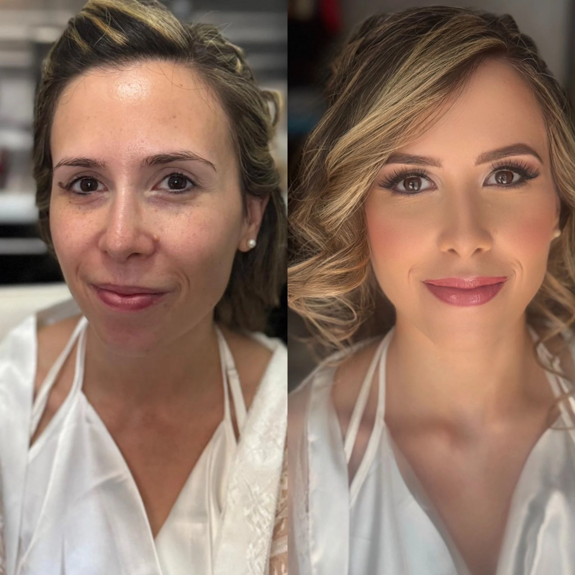 Prima e dopo trucco sposa professionale con pelle luminosa e occhi valorizzati