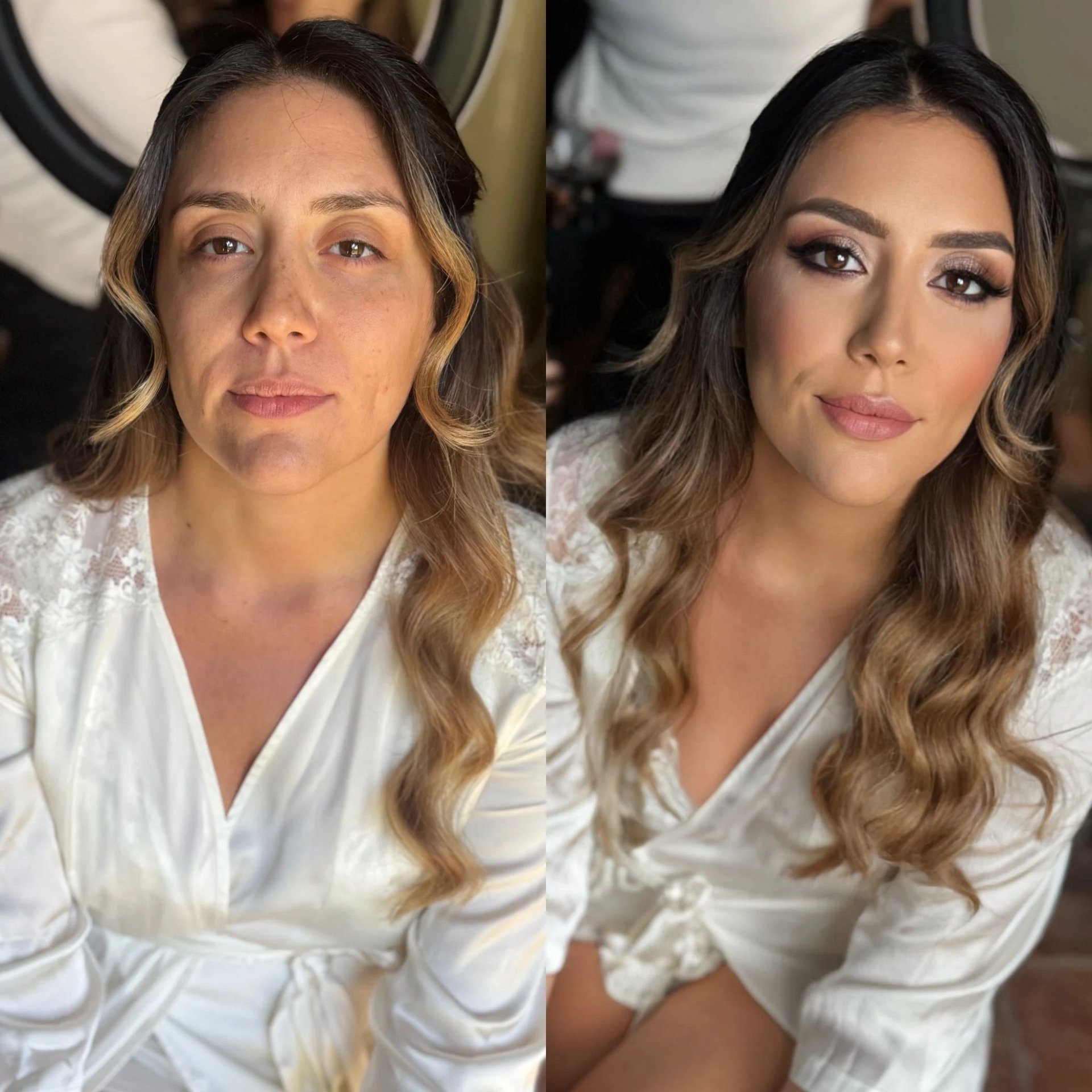 Trasformazione trucco sposa glamour prima e dopo con effetto fotografico