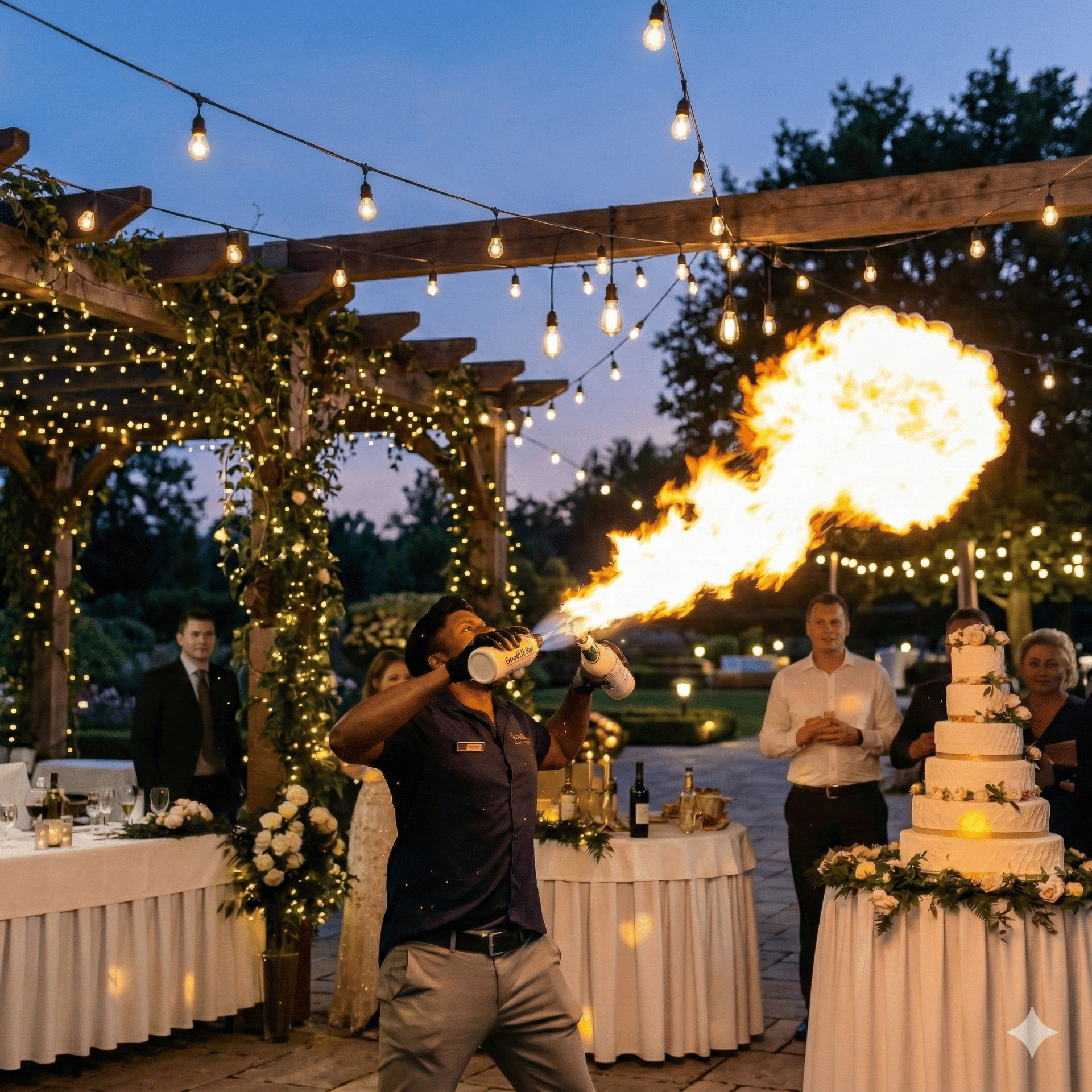 Professional flair bartender performing a fire show at an outdoor wedding reception with a tiered cake.