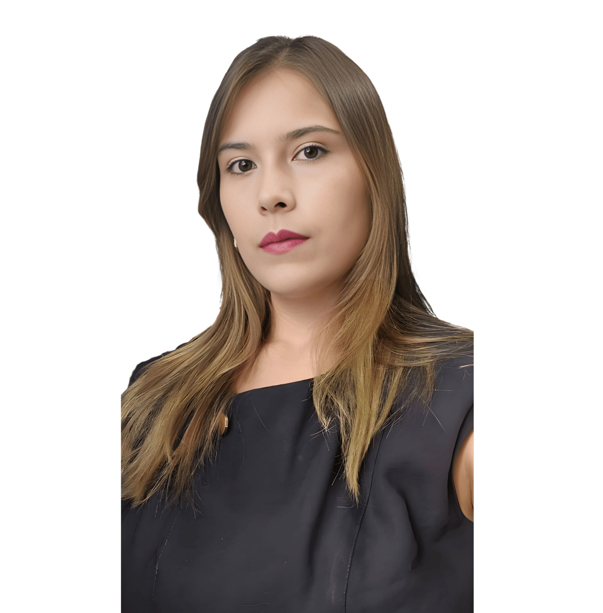 Professional headshot of a woman with long brown hair wearing a black blouse against a dark background.