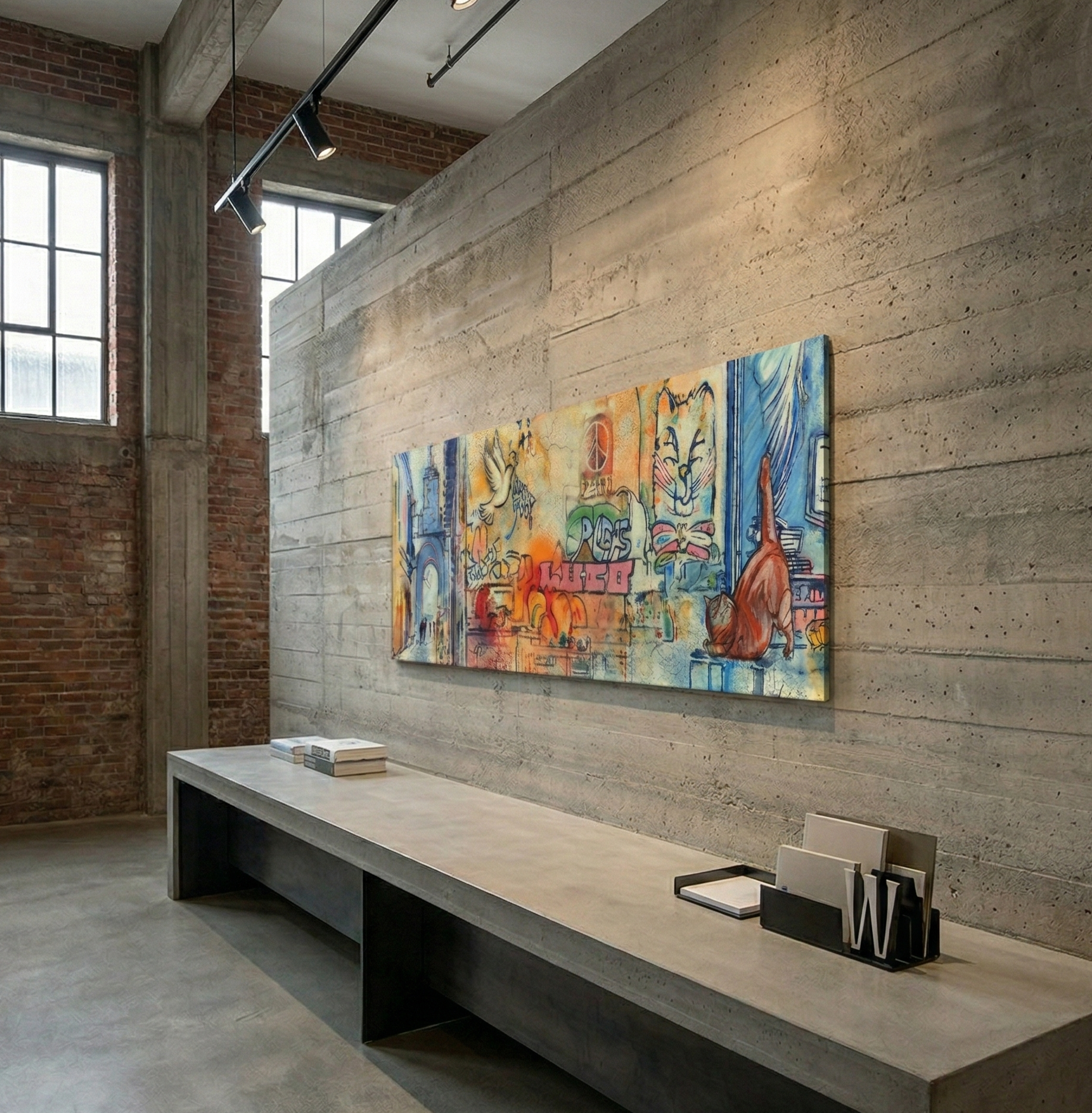 Pace by Coby Hurtak. Layered painting showing a blue archway and a cat near peace graffiti.