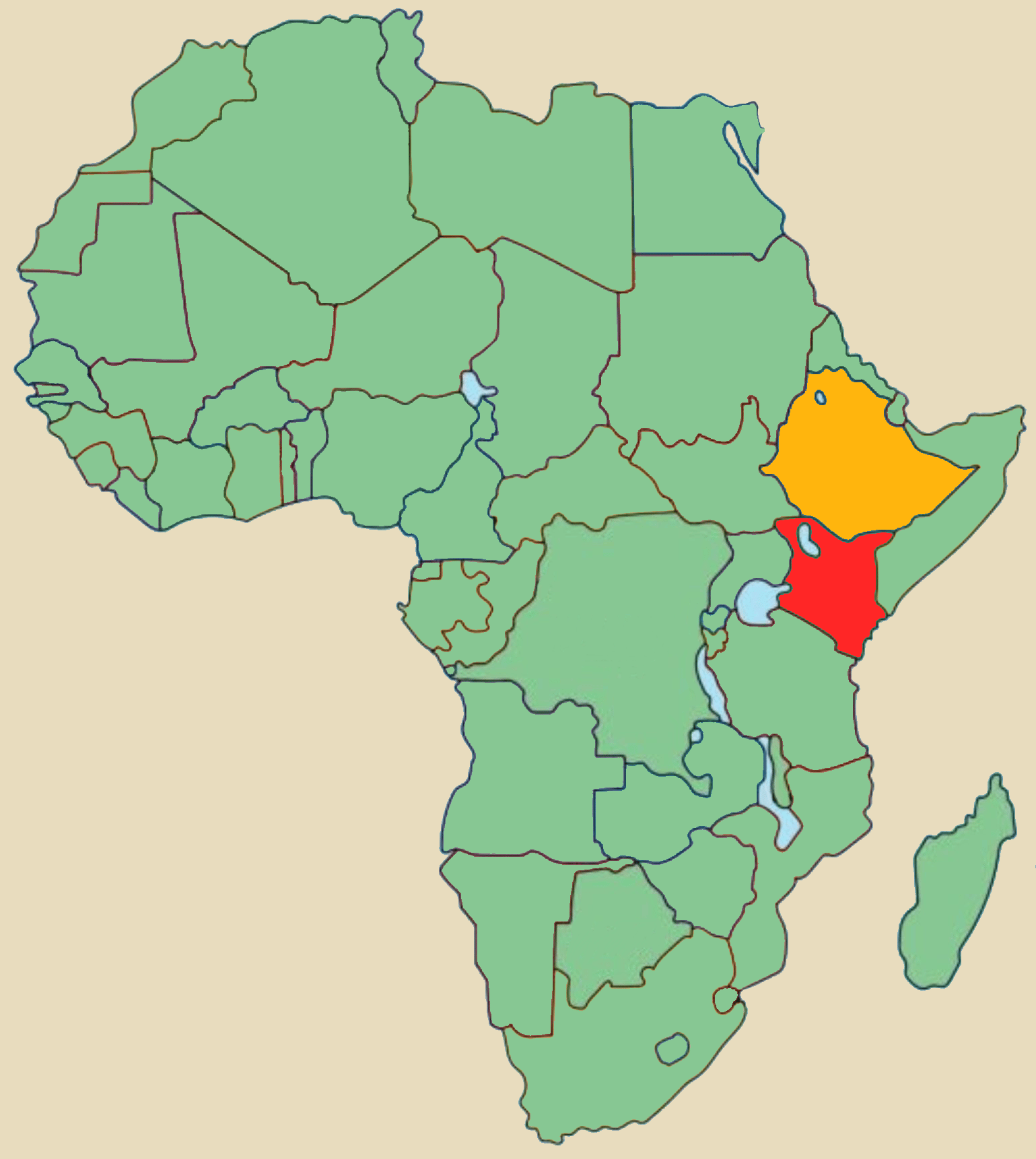 Karte von Afrika mit Äthiopien und Kenya