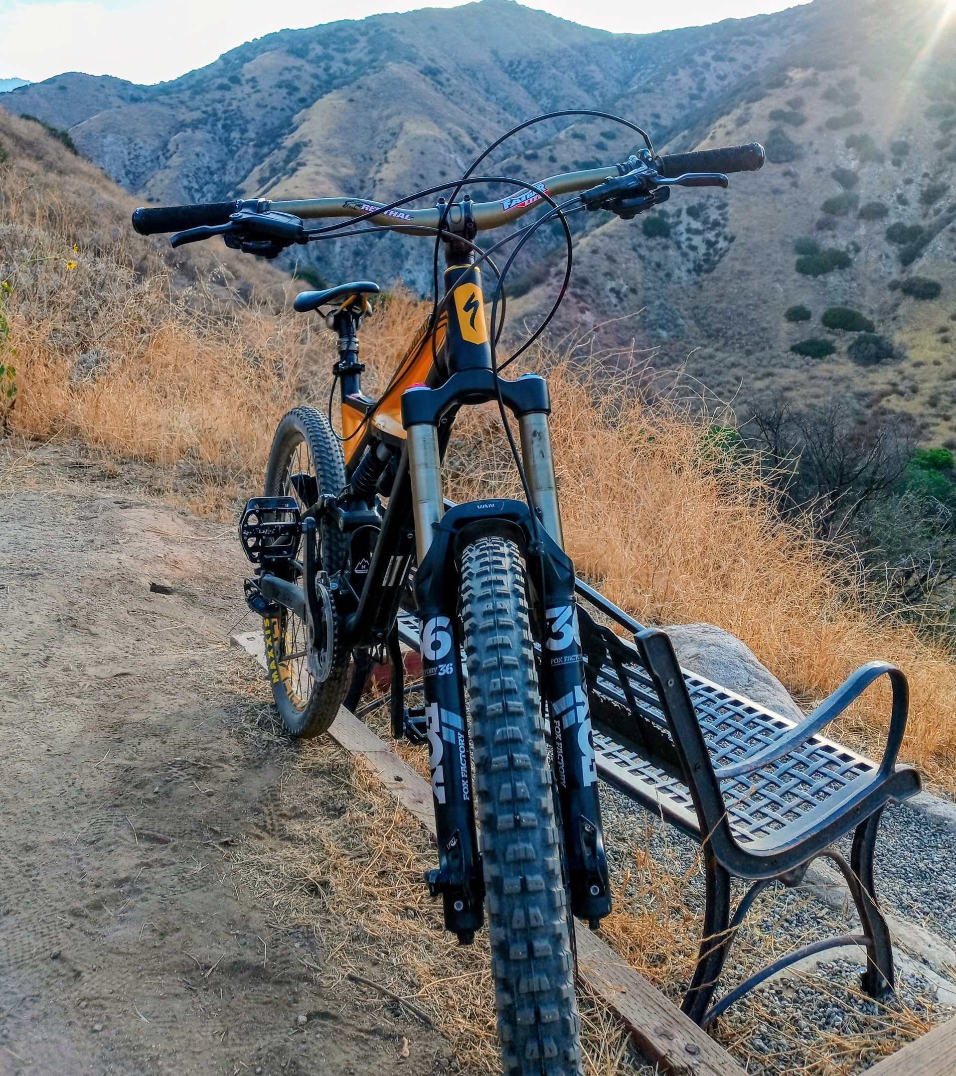 Specialized mountain bike with Fox Factory 36 forks and aggressive MTB tires at Hulda Crooks Park in