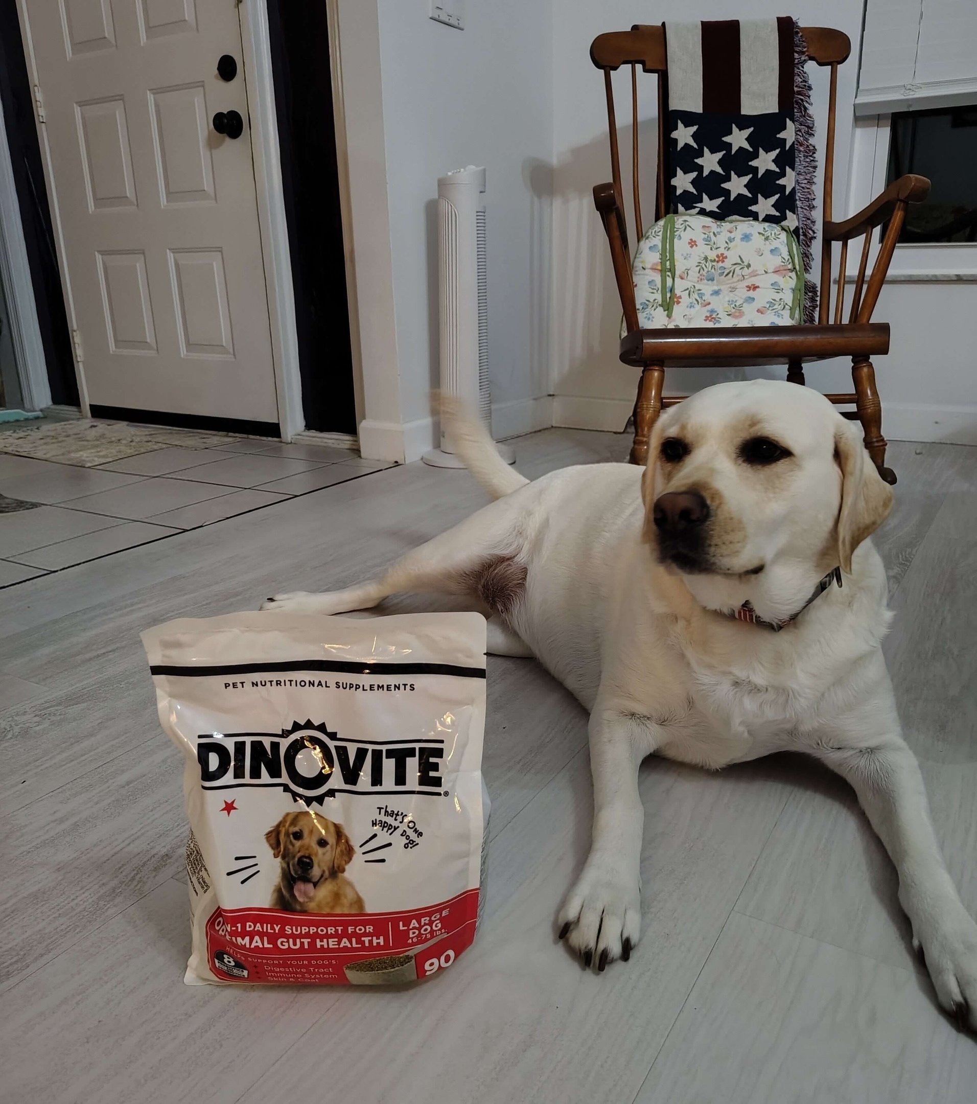 Loni with a bag of dinovite
