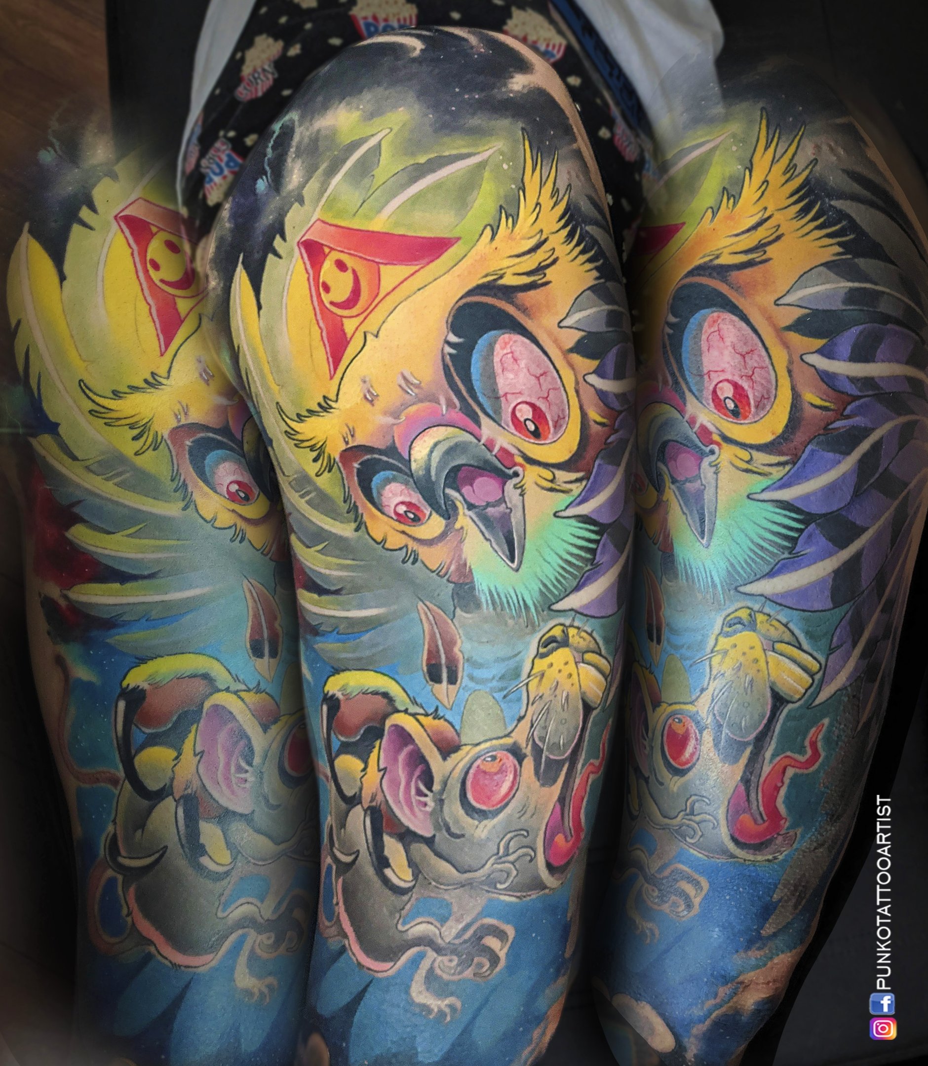 tatuaje pierna color newschool buho cazando raton punko tattoo artist barcelona 