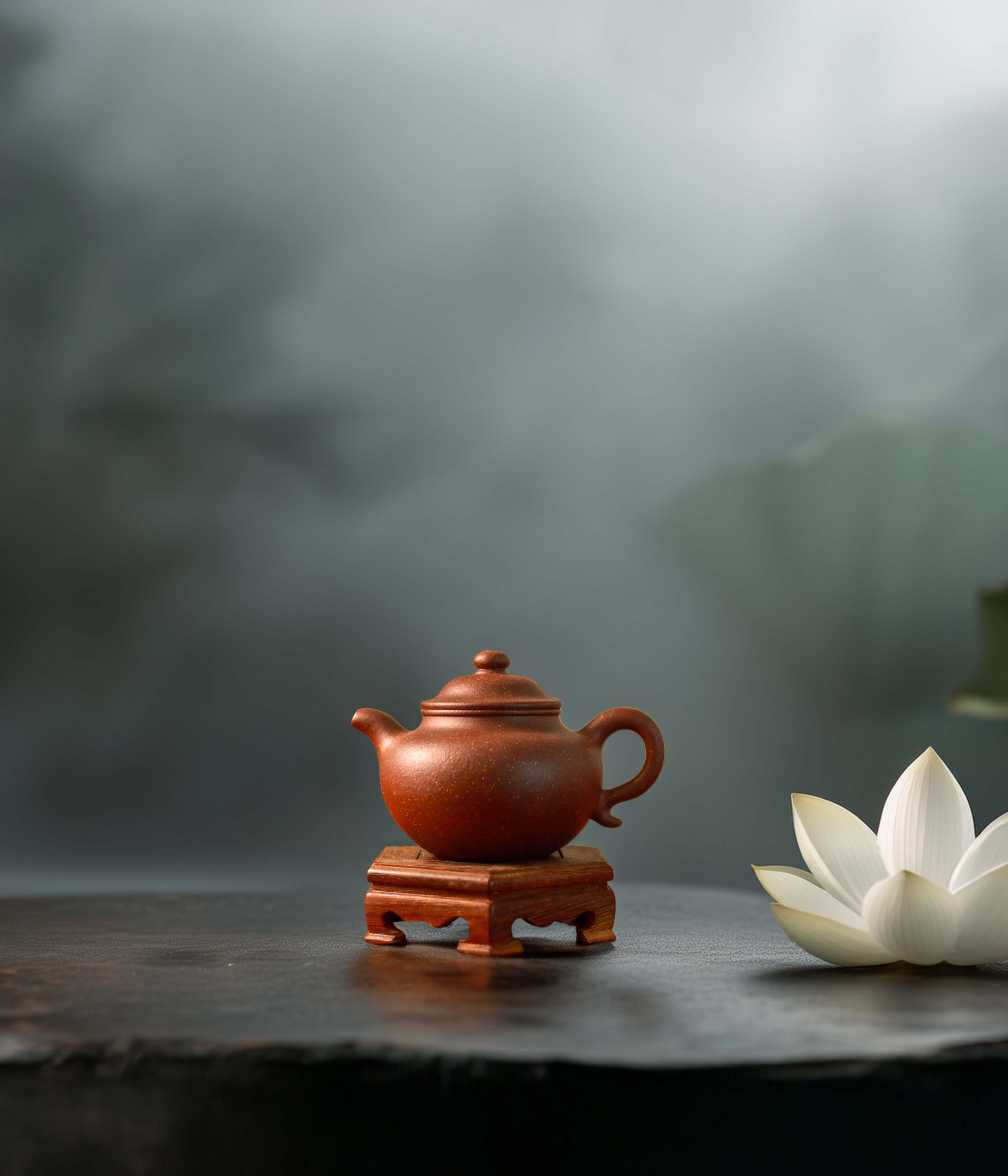 A Yixing teapot is placed on a wooden stand, with a white lotus flower beside it