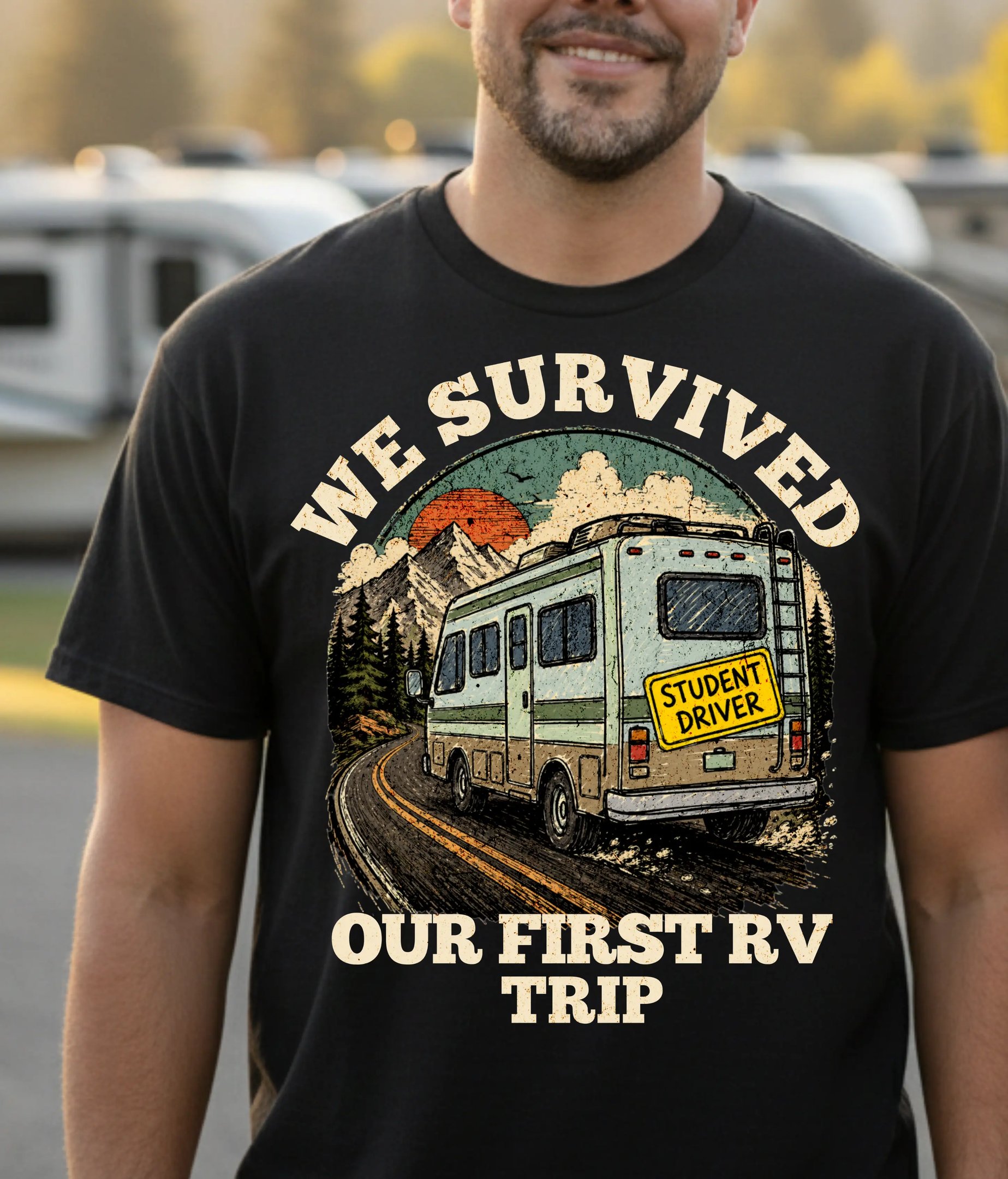 Funny RV camping shirts collection — We Survived Our First RV Trip tee by Horacio & Visconti