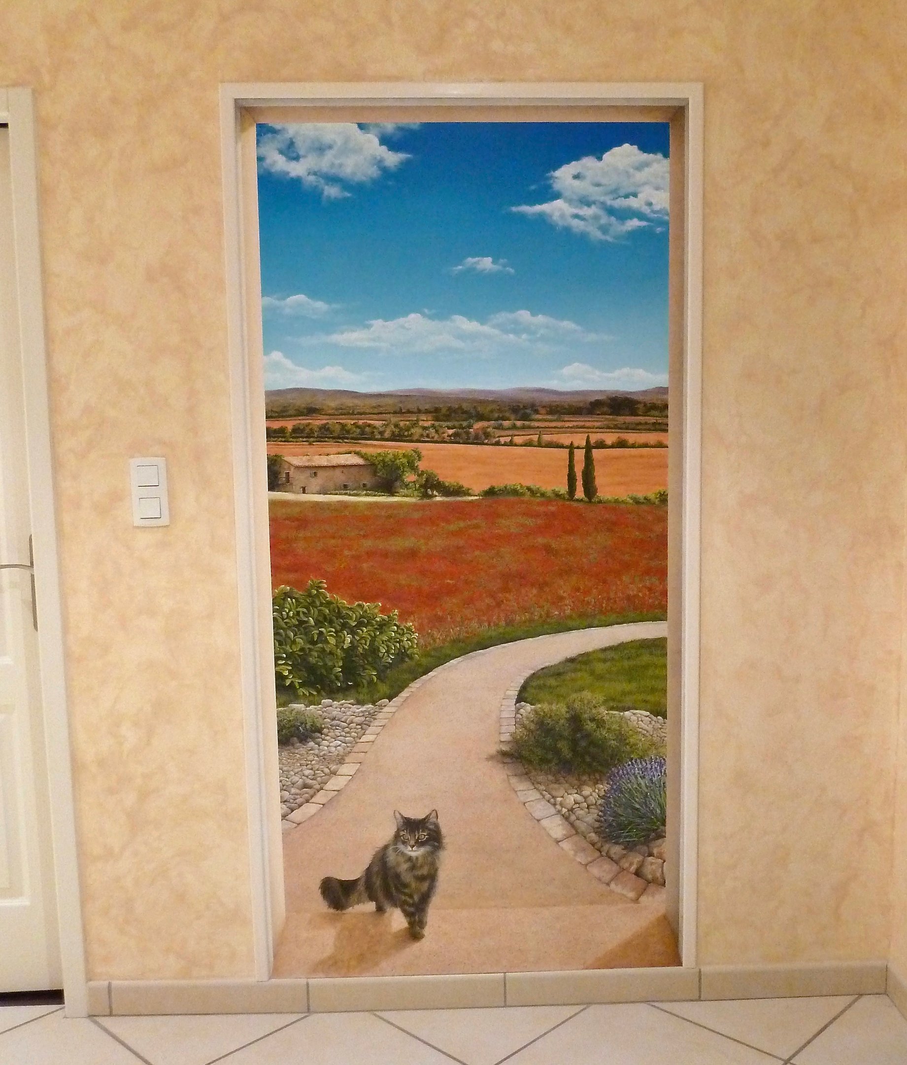 Ouverture en trompe-l'oeil sur un paysage méditérranéen, un champ de coquelicots, un chemin, un chat