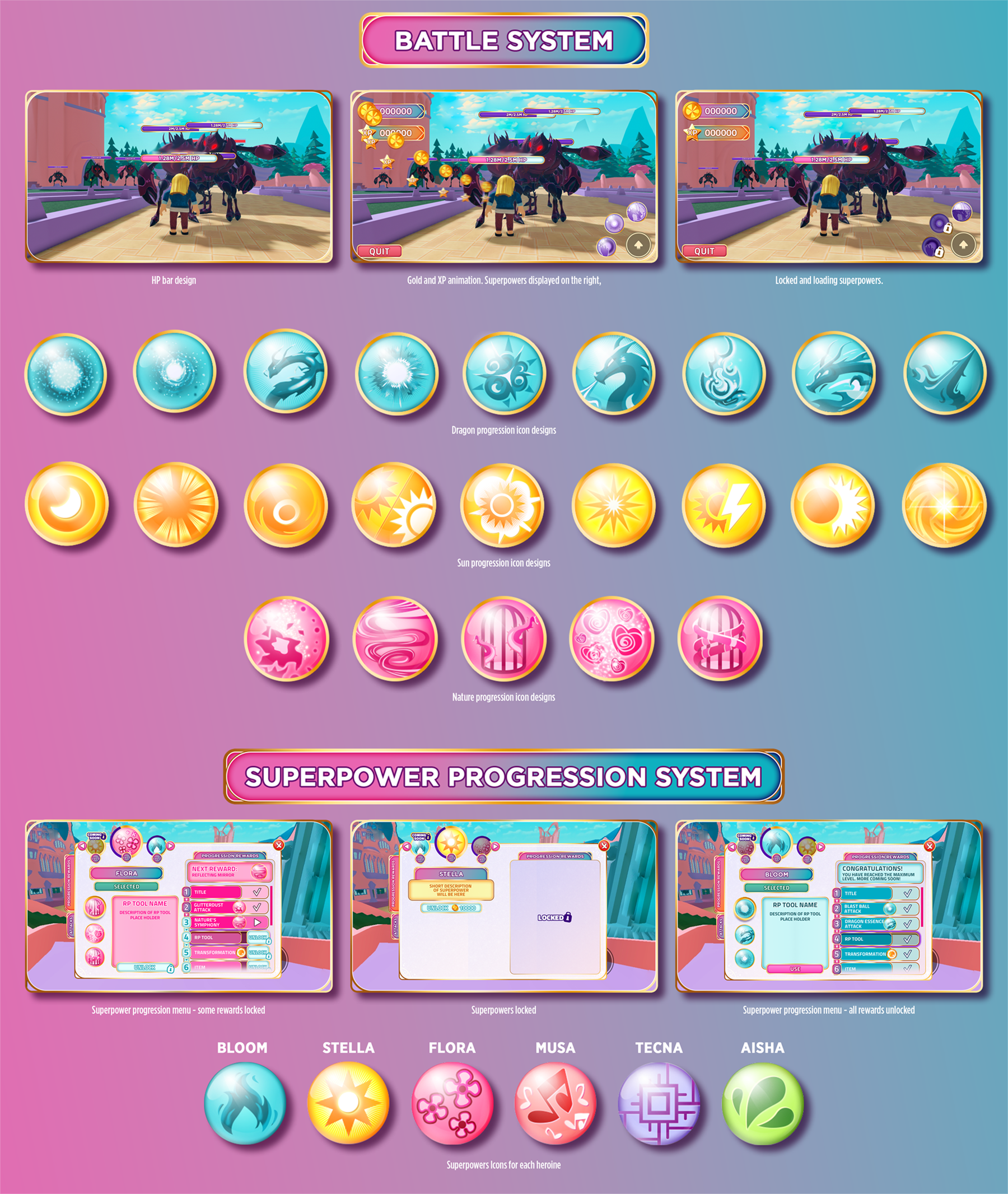 Battle system, Superpower progression system, Room Editor, Shop UI and Icon designs